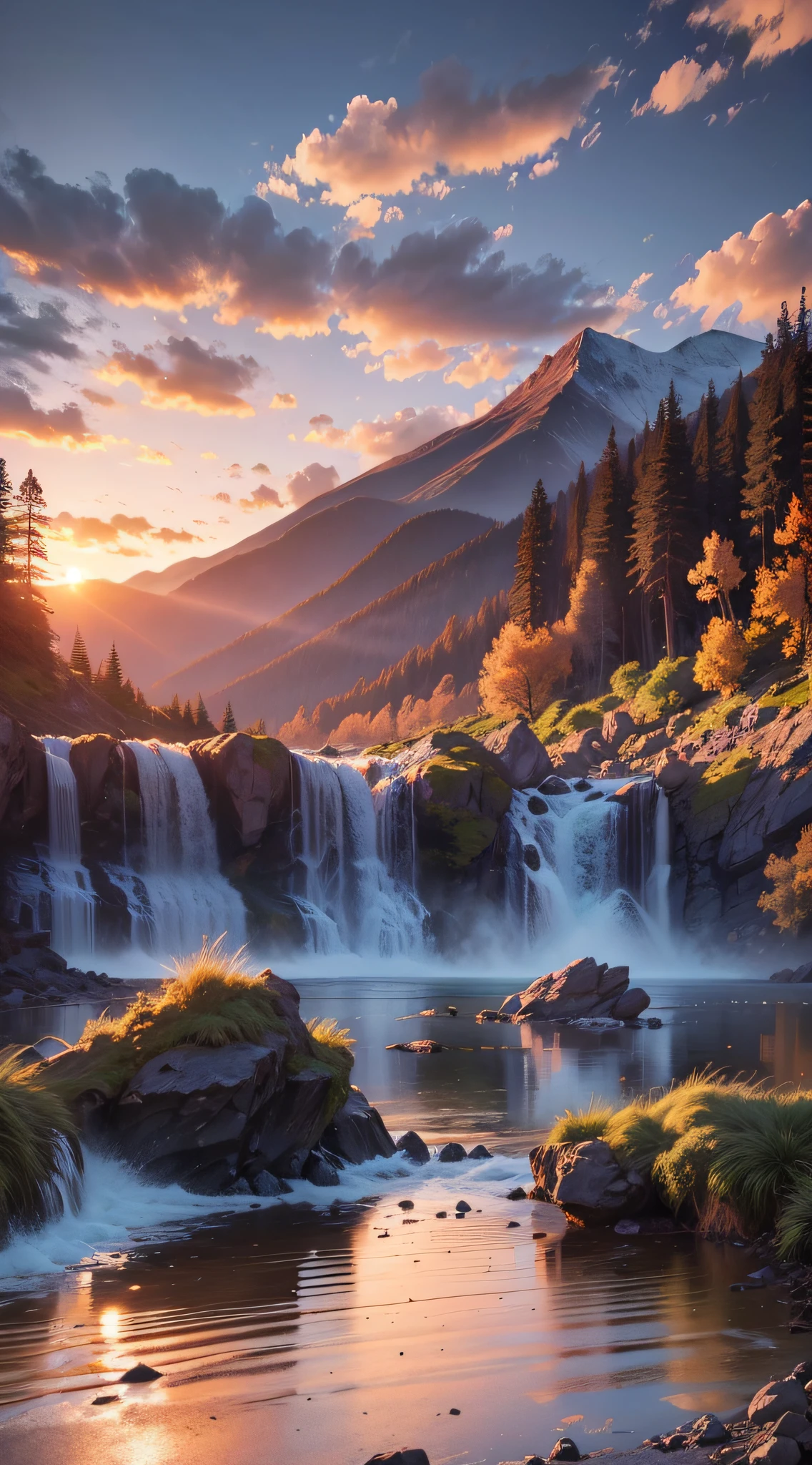 Landscape waterfall in mountains sunset image best quality, high quality, beautiful wallpaper deserted beach 8k extremely detailed, photography --auto --s2