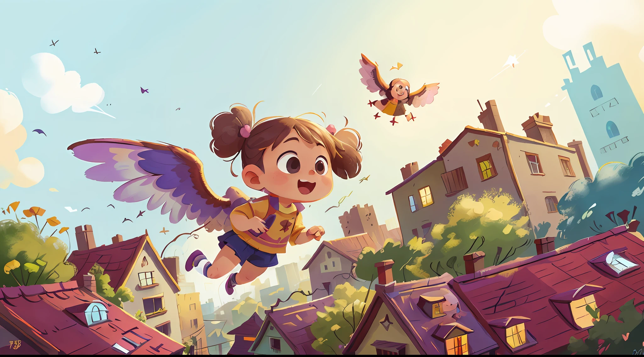 A baby girl, with wings, flying through the city. (clutter - house: 0.8), (masterpiece: 1.2) (realistic: 1.2) (bokeh) (best quality) (detailed skin: 1.3) (complex details) (8K) (detail eyes) (sharp focus), (happy) full body, two children, clean background, long vision composition