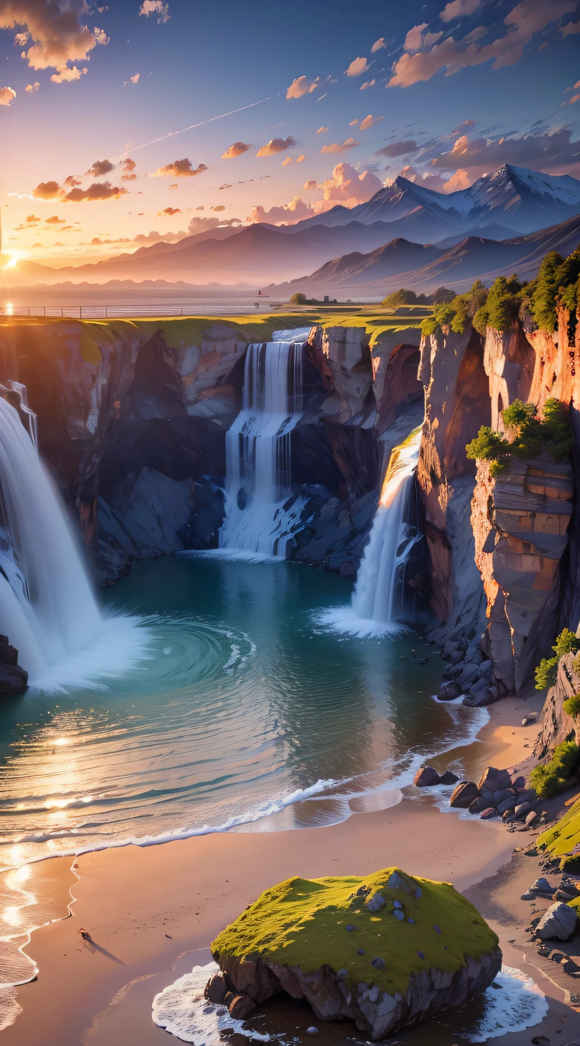 Landscape waterfall in mountains sunset image best quality, high quality, beautiful wallpaper deserted beach 8k extremely detailed, photography --auto --s2