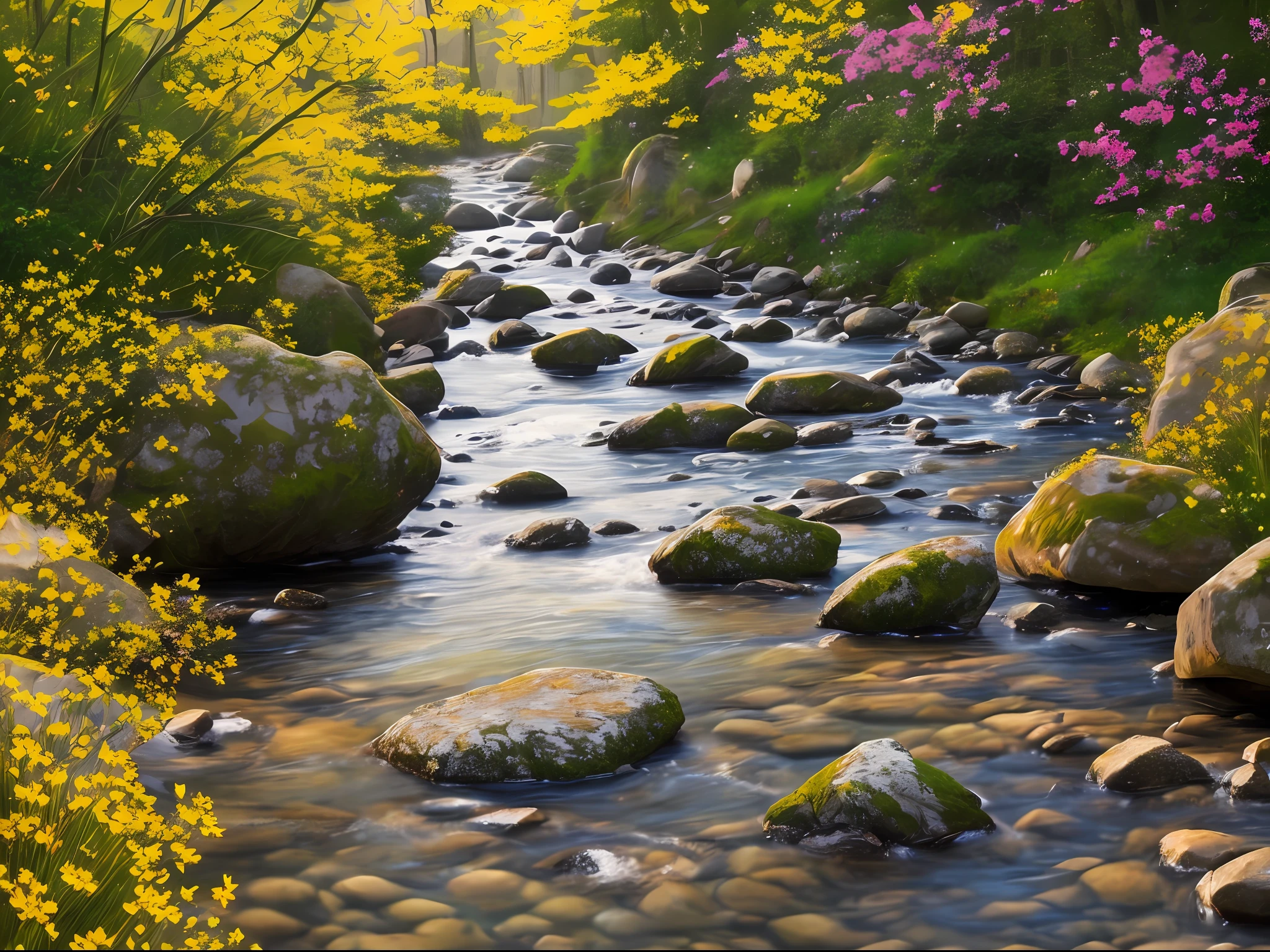 {{masterpiece}},best quality,illustration, beautiful landscape, stream of clear waters running between the stones, illuminated by sunlight, yellow and red flowers
