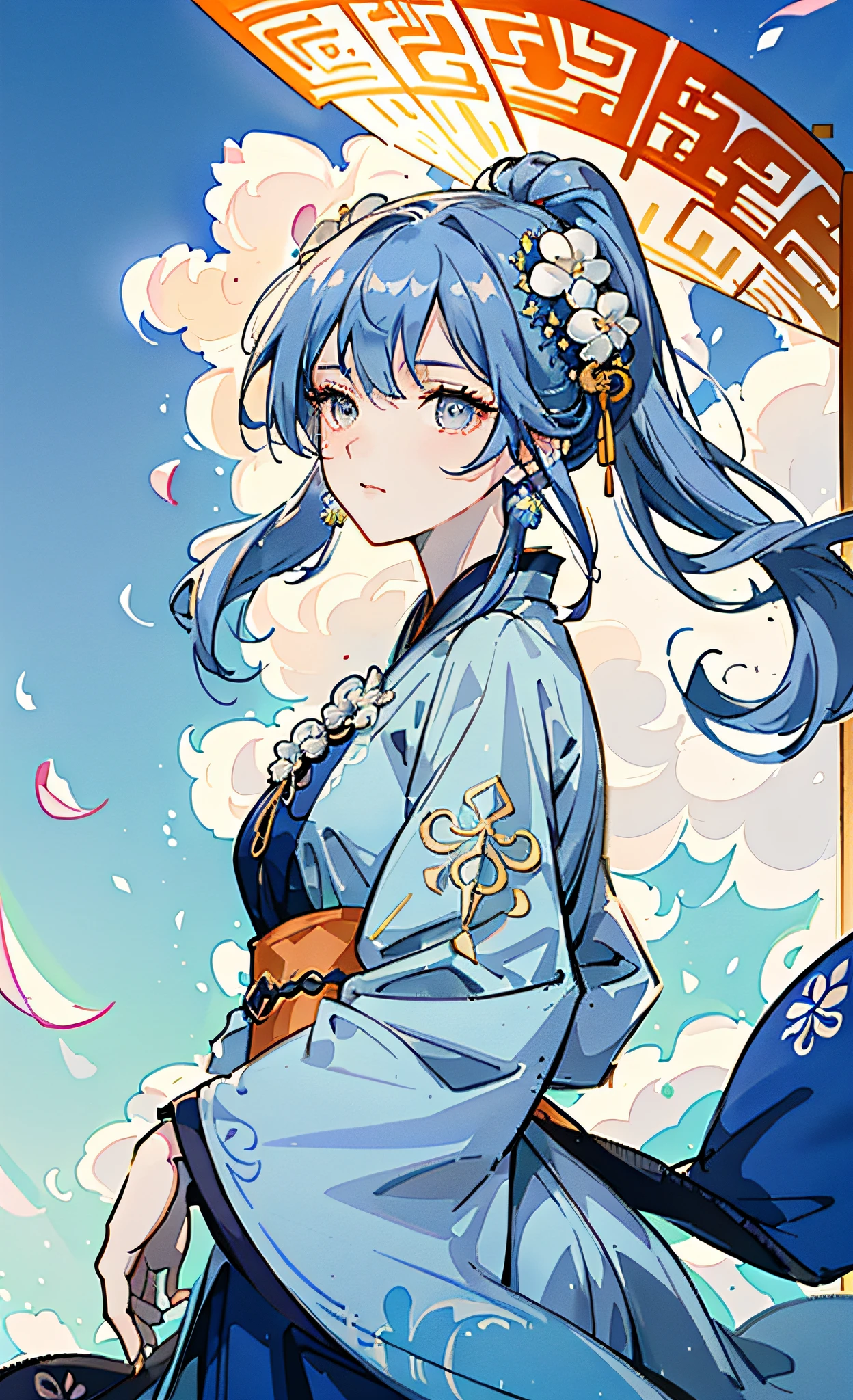 Mature girl , dark orange eyes, blue and white hair color, floating hair, delicate and smart eyes, intricate damask hanfu, gorgeous accessories, wearing pearl earrings, fov, f/1.8, masterpiece, ancient Chinese architecture, blue sky, flower petals flying, front portrait shot, Chang'e, side lighting, sunlight on people, 8K