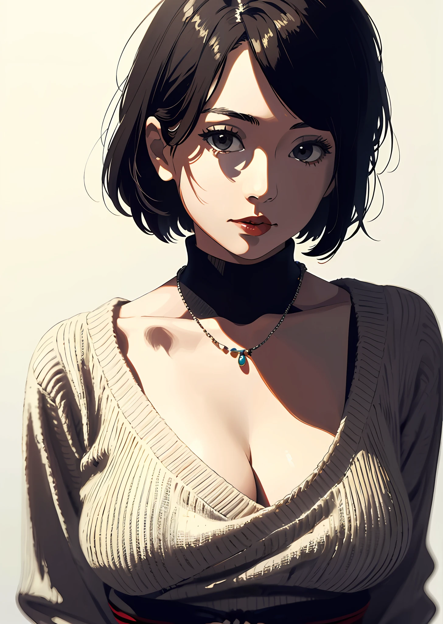 (Best quality, 8k, 32k, Masterpiece, UHD:1.2),Photo of Pretty Japanese woman, large breasts, very short bob hair,upper body,face focus,oversized_sweater, necklace, simple background, from above, looking at viewer,