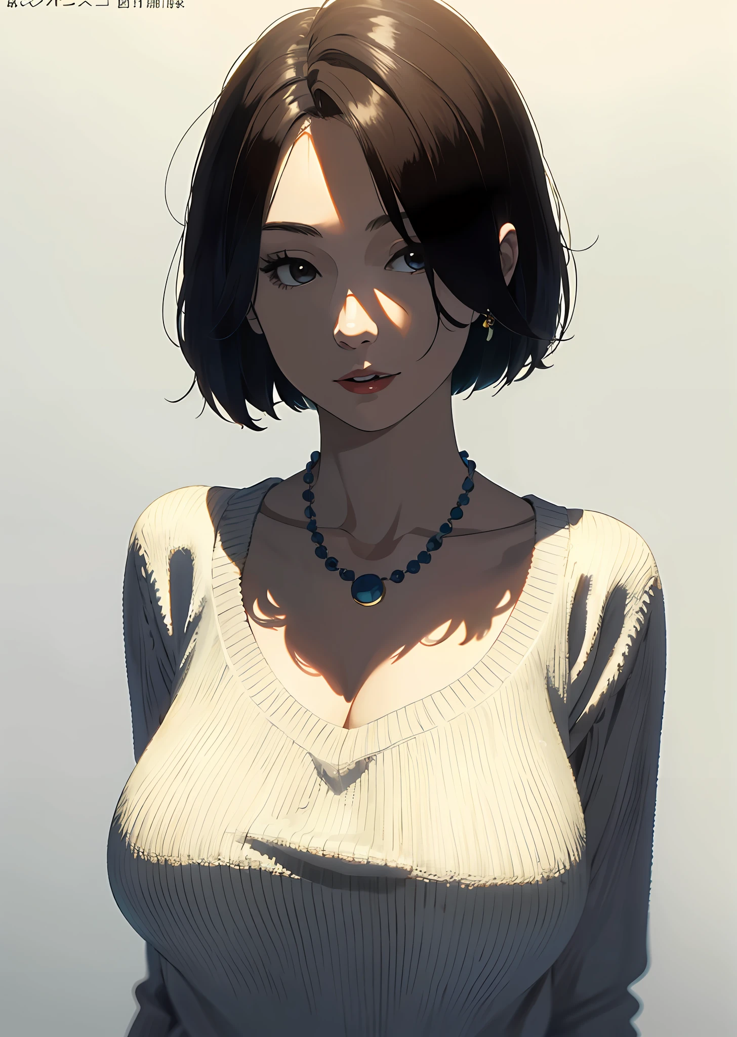(Best quality, 8k, 32k, Masterpiece, UHD:1.2),Photo of Pretty Japanese woman, large breasts, very short bob hair,upper body,face focus,oversized_sweater, necklace, simple background, from above, looking at viewer,