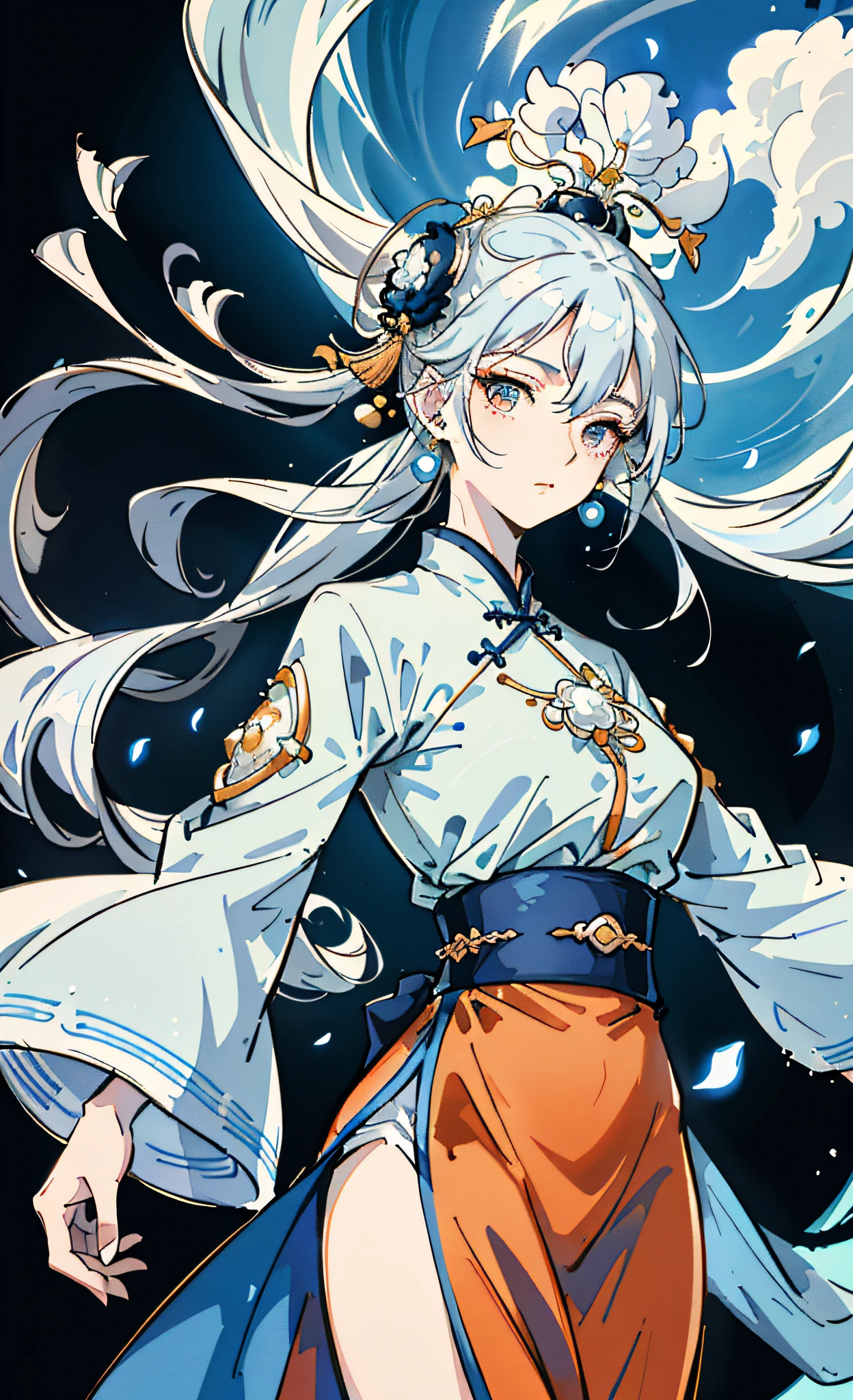 Mature girl , dark orange eyes, blue and white hair color, floating hair, delicate and smart eyes, intricate damask hanfu, gorgeous accessories, wearing pearl earrings, fov, f/1.8, masterpiece, ancient Chinese architecture, blue sky, flower petals flying, front portrait shot, Chang'e, side lighting, sunlight on people, 8K