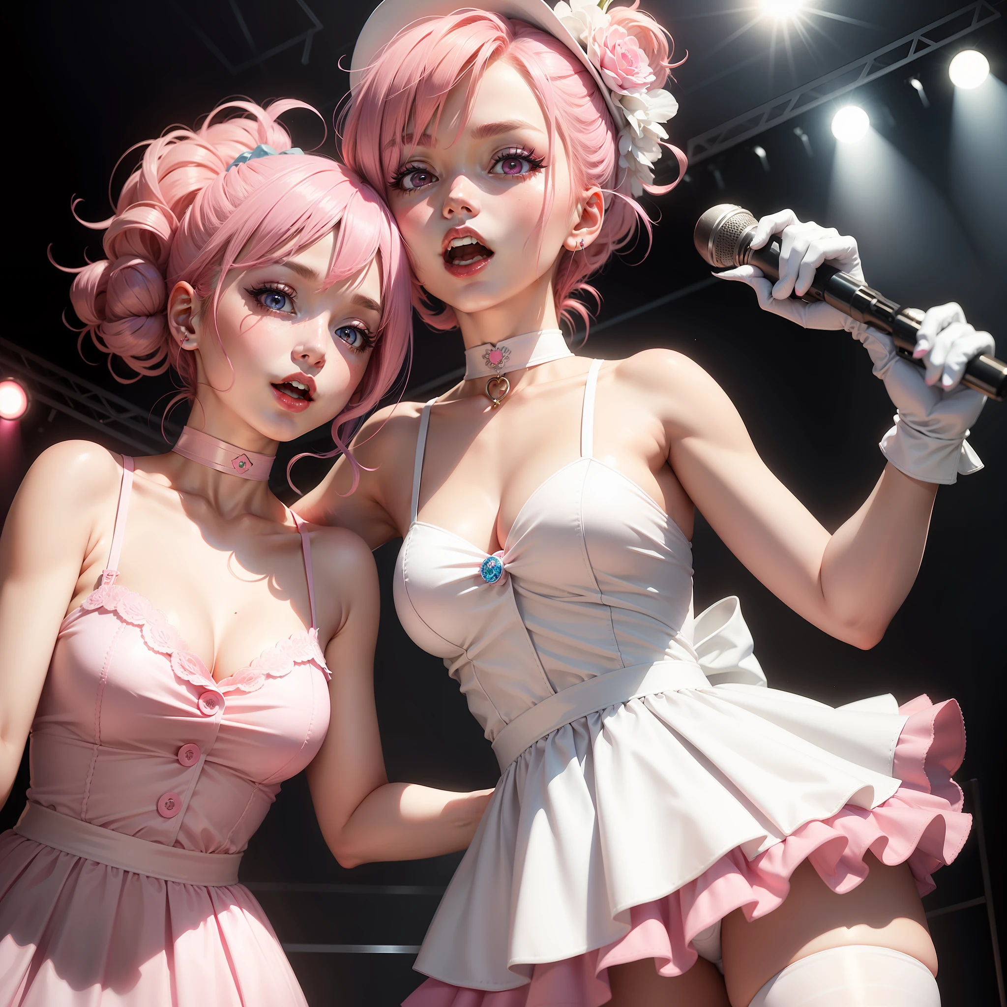 Otori emu, pink hair, left eye wink, white dress with blue details, singing on stage, red lips, bright pink eyes, white gloves, pink choker