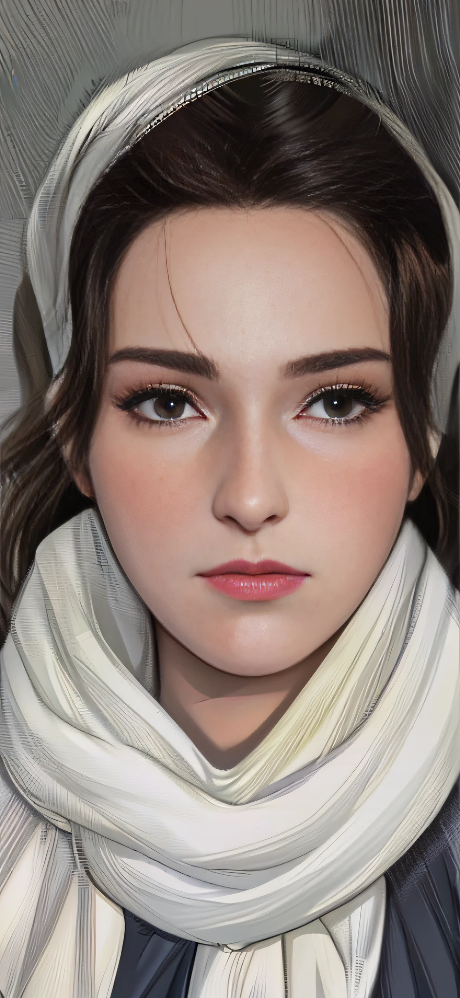 arafed woman with a scarf, no makeup, real detailed face, neutral face, ivory eye makeup, retouched face, detailed face not blurred, full face close-up portrait, extremely realistic face, face image, perfectly clear face, detailed and perfect face, smaller nose, very realistic face, sharp face and grey eyes, brown hair, best quality, high resolution image, anime version, western face