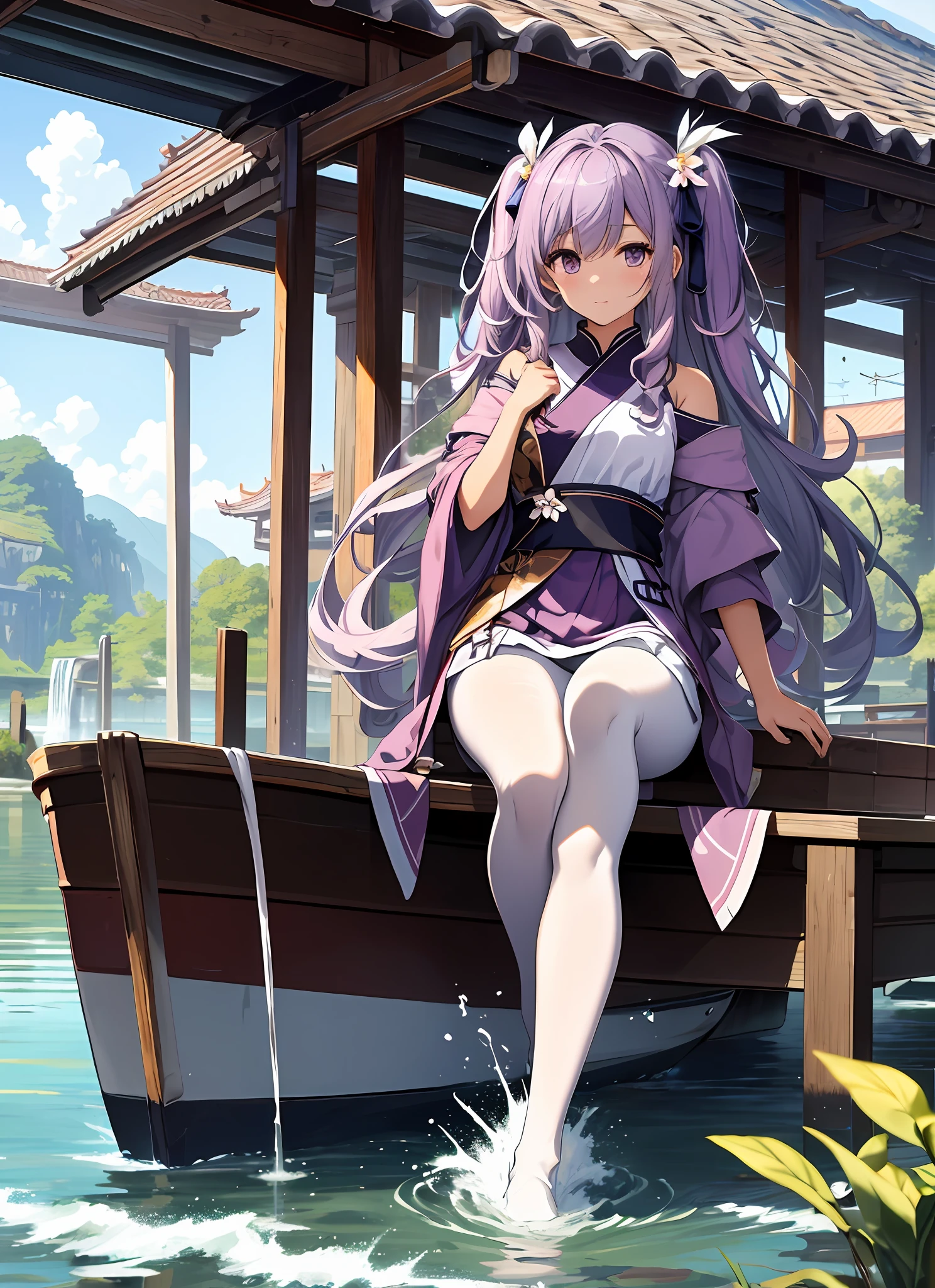 {{masterpiece}},illustration,best quality,extremely detailed CG unity 8k wallpaper,1girl_solo, full_body, from_below, looking_at_viewer, looking_down,((white pantyhose: 1.5)),twintails,purple hair,chinese clothes,hair_ribbon,strong rim light,头花,lake,outdoor,sky,the legs in lake,sitting,花瓣,boat,long hair,wet clothes,pink,in water,被水溅湿, Off Shoulder, Kick up water splashes,leg up,kick,foot,