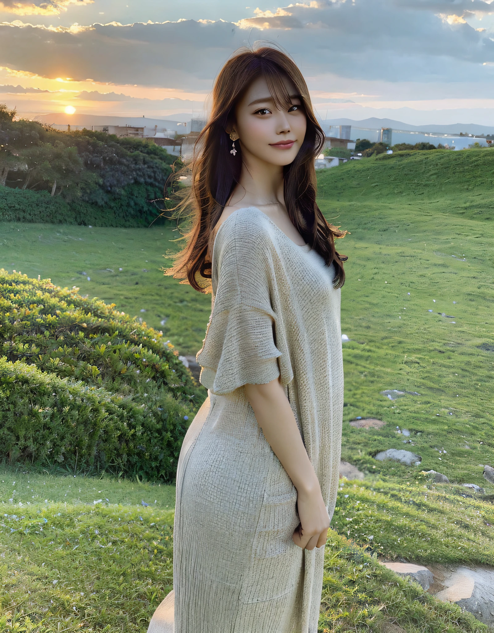 "Draw a beautiful woman standing on a hill at a beautiful twilight. She stands in a graceful pose and enjoys the surrounding landscape. The soft light of the setting sun illuminates around her, creating a calm atmosphere. Her hair flutters in the wind, and her figure symbolizes freedom and beauty. A beautiful landscape spreads out in the background, and mountains and lush nature spread out in the distance. This image evokes a sense of serenity and beauty, creating a pictorial scene that gives the viewer peace and comfort."