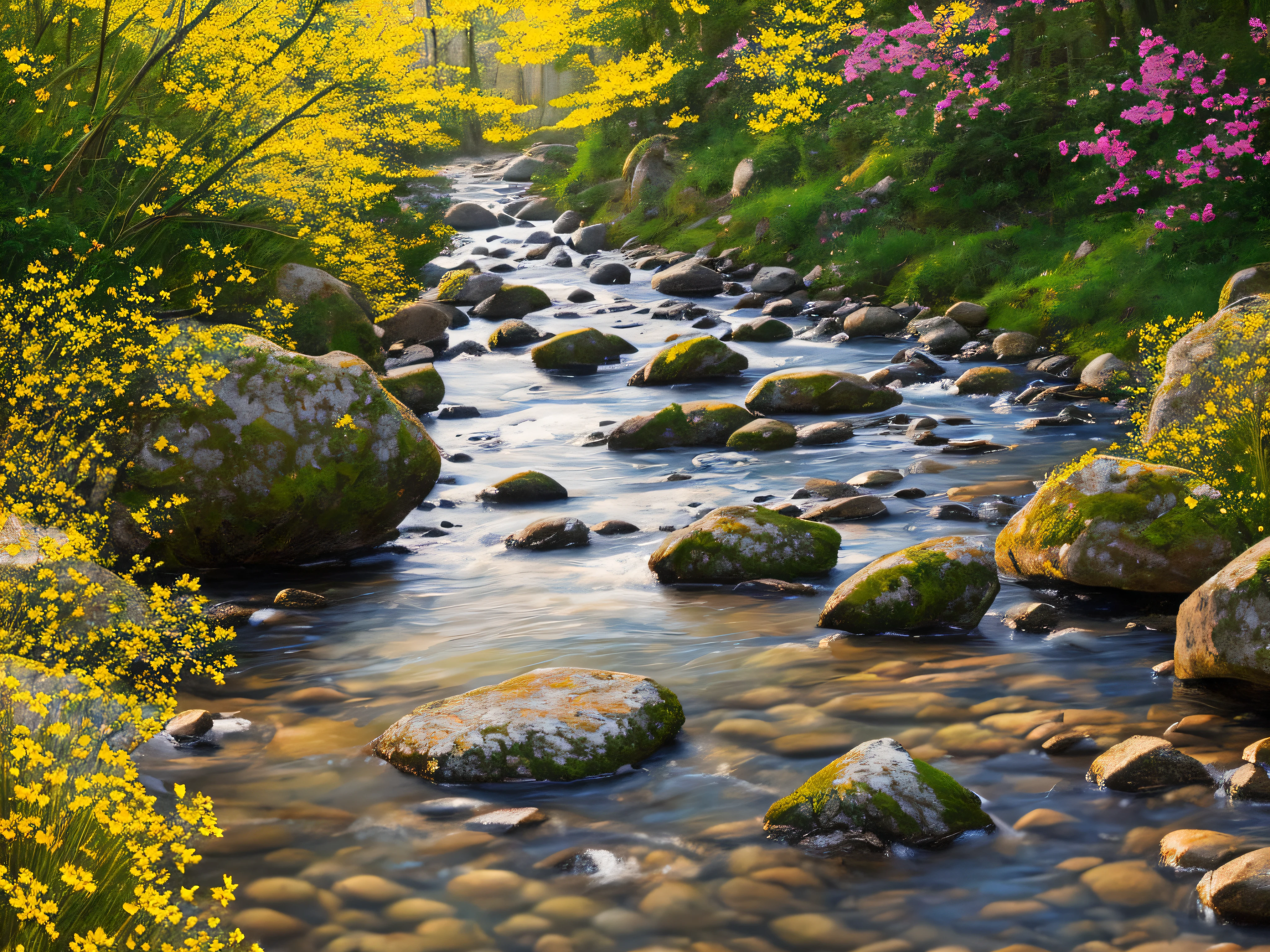 {{masterpiece}},best quality,illustration, beautiful landscape, stream of clear waters running between the stones, illuminated by sunlight, yellow and red flowers