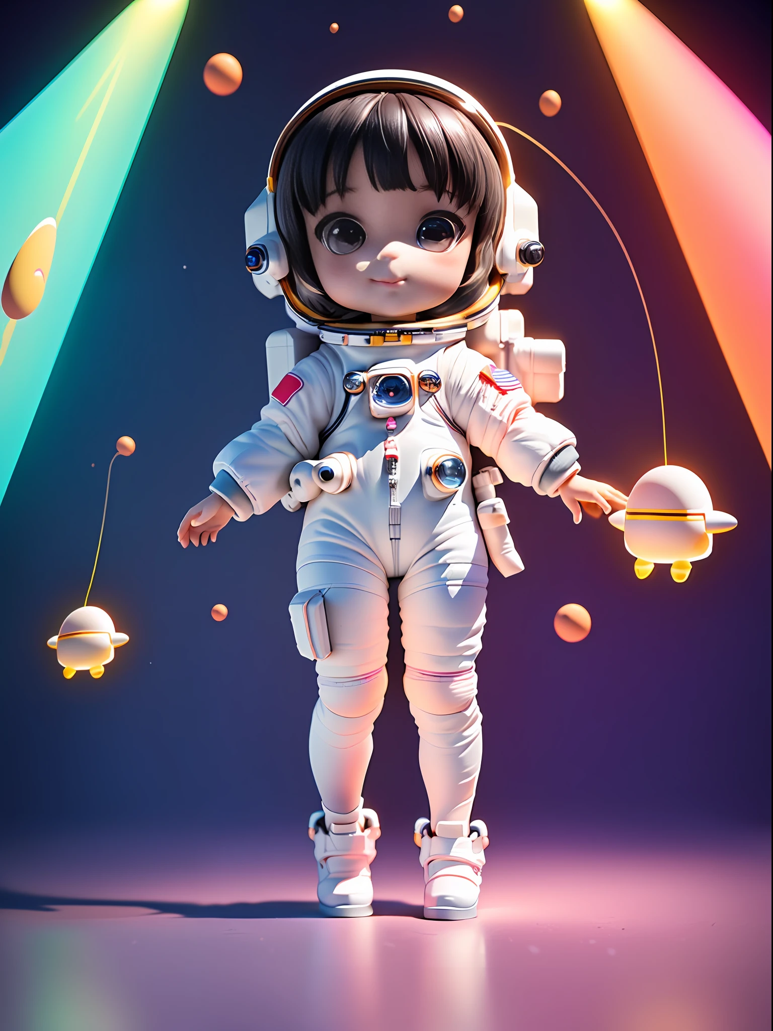 Super cute girl full body 3D drawing, 1pc, good looking eyes, big eyes, cute, happy, c4d, pop matt blind box, glowing bubbles, toys, solid color background, chibi, fluorescent translucency, luminous body, kawaii, doll, (((astronaut, white spacesuit)))), reference sheet, pop mart blind box, Pixar, intricate details, 3d rendering, blender, oc renderer, fol reference body sheet, dribble , High Details, 8K, Studio Lighting, Loli, Petite, Child, Chibi, SD characters: 1.1, Magic Space Background