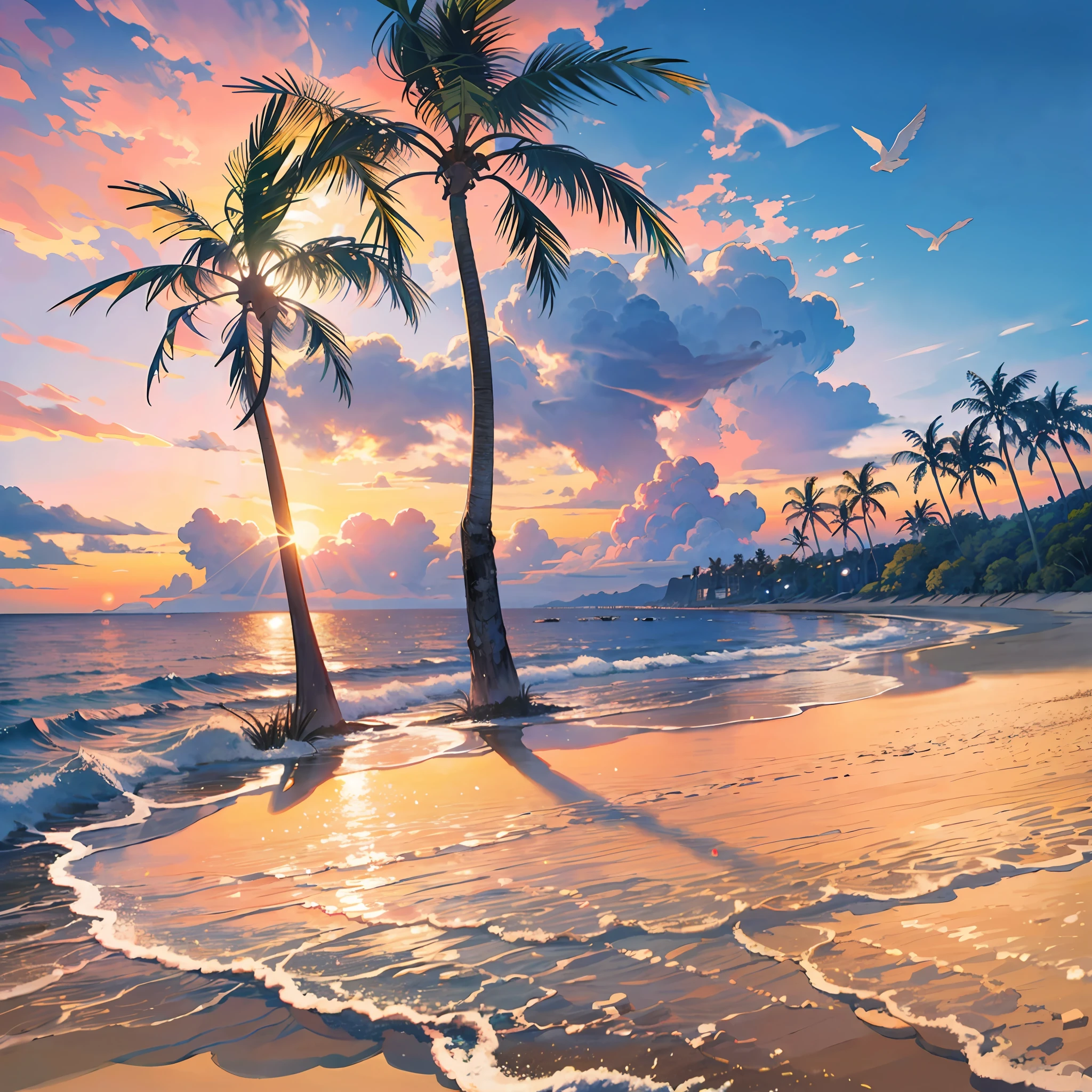 Absolutely mesmerizing sunset on the beach, The sky is a mix of orange, pink and yellow. The sea is crystal clear, Kissing the shore tenderly, The white sand stretches as far as the eye can see. The scene is full of movement, Breathtaking, Seagulls soar high in the sky, Palm trees sway gently. Soak up the calm atmosphere, Let tranquility envelop you --auto --s2