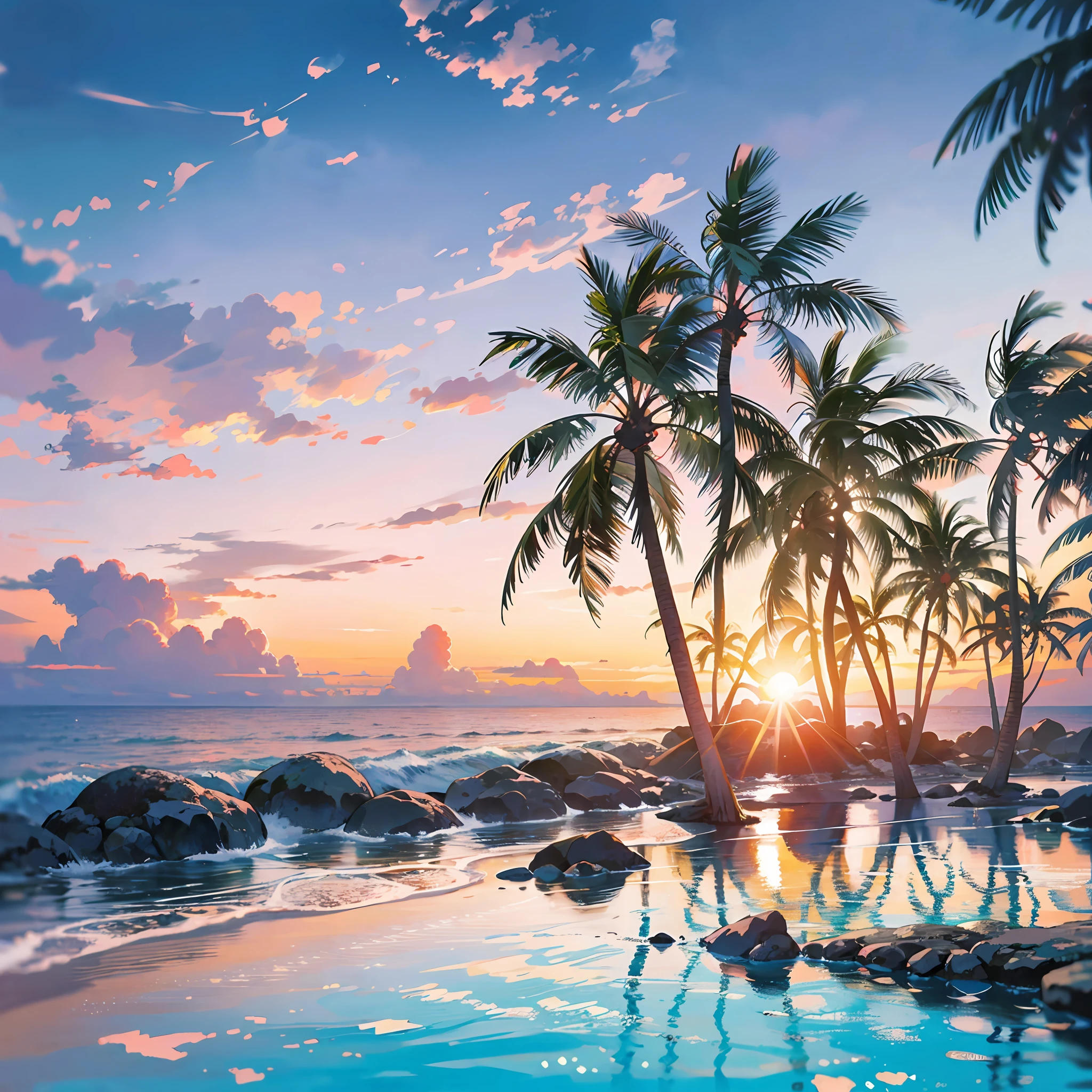 Absolutely mesmerizing sunset on the beach, The sky is a mix of orange, pink and yellow. The sea is crystal clear, Kissing the shore tenderly, The white sand stretches as far as the eye can see. The scene is full of movement, Breathtaking, Seagulls soar high in the sky, Palm trees sway gently. Soak up the calm atmosphere, Let tranquility envelop you --auto --s2