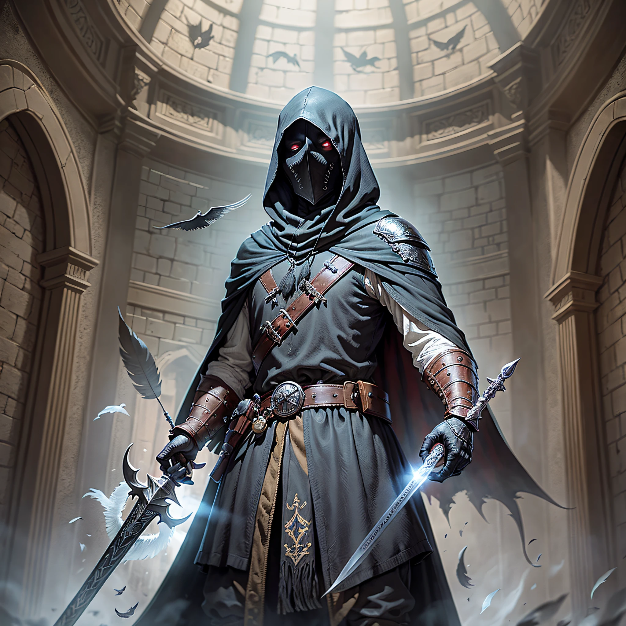 Medieval beak mask, black feather cape, flashlight around the waist, shield tied in left hand, long sword in right hand, Lovecraft, Harry Potter dementor skin, pokemon around --auto --s2