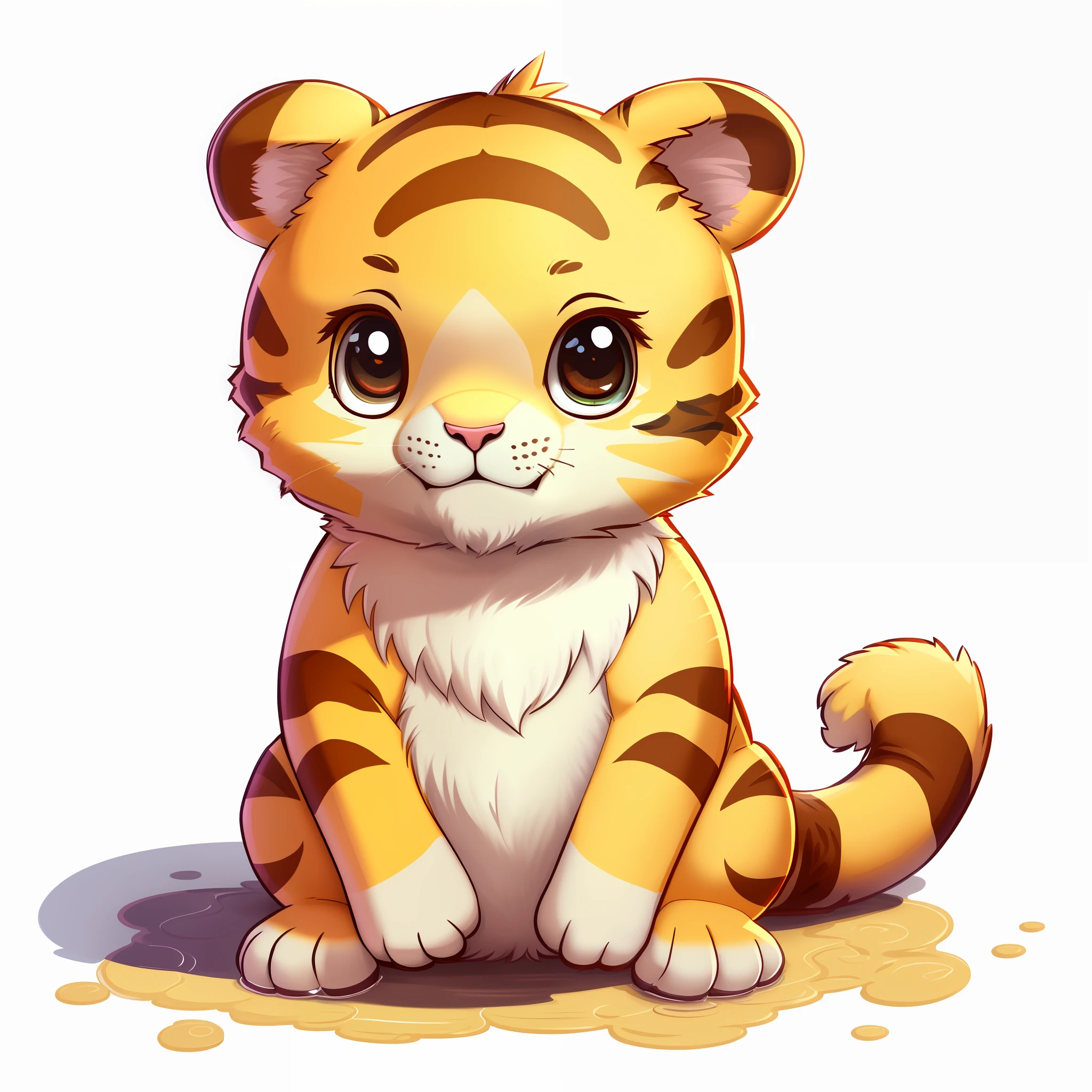 cartoon tiger sitting on the ground with a puddle of water, adorable digital painting, cute detailed digital art, anthropomorphic tiger, ((tiger)), cute digital art, highres, commission for high res, tiger, lowres, the tiger is smiling, kawaii cat, a tiger, cute artwork, cute animal, cutie, cute cartoon character, cute lion
