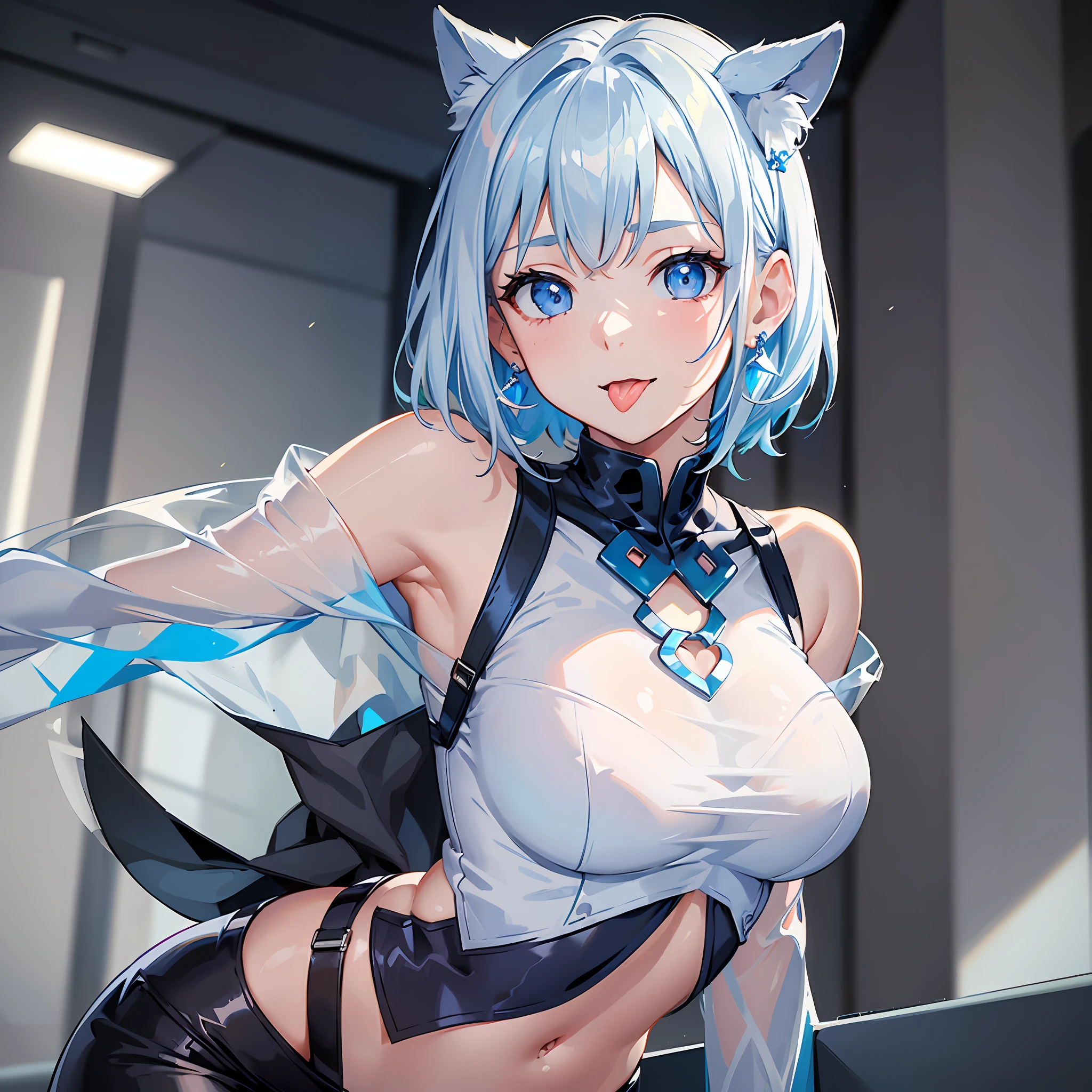(((Masterpiece)))), (Best Quality))), Hi-Res, Front Angle, (Upper Body), Facing the Viewer, Standing, Slouching, ((Cute 1 Girl))), Solo, , White Skin, Small, Eight-headed Person, (Light blue hair), ((Very short hair)), Crisp bangs, Beautiful hair, Blue eyes, Beautiful detail eyes, (((tongue out)), Smile, Heart, (Clothes with shoulders out), pencil skirt, futuristic clothes in white and blue, earrings, white background, shadow lighting,