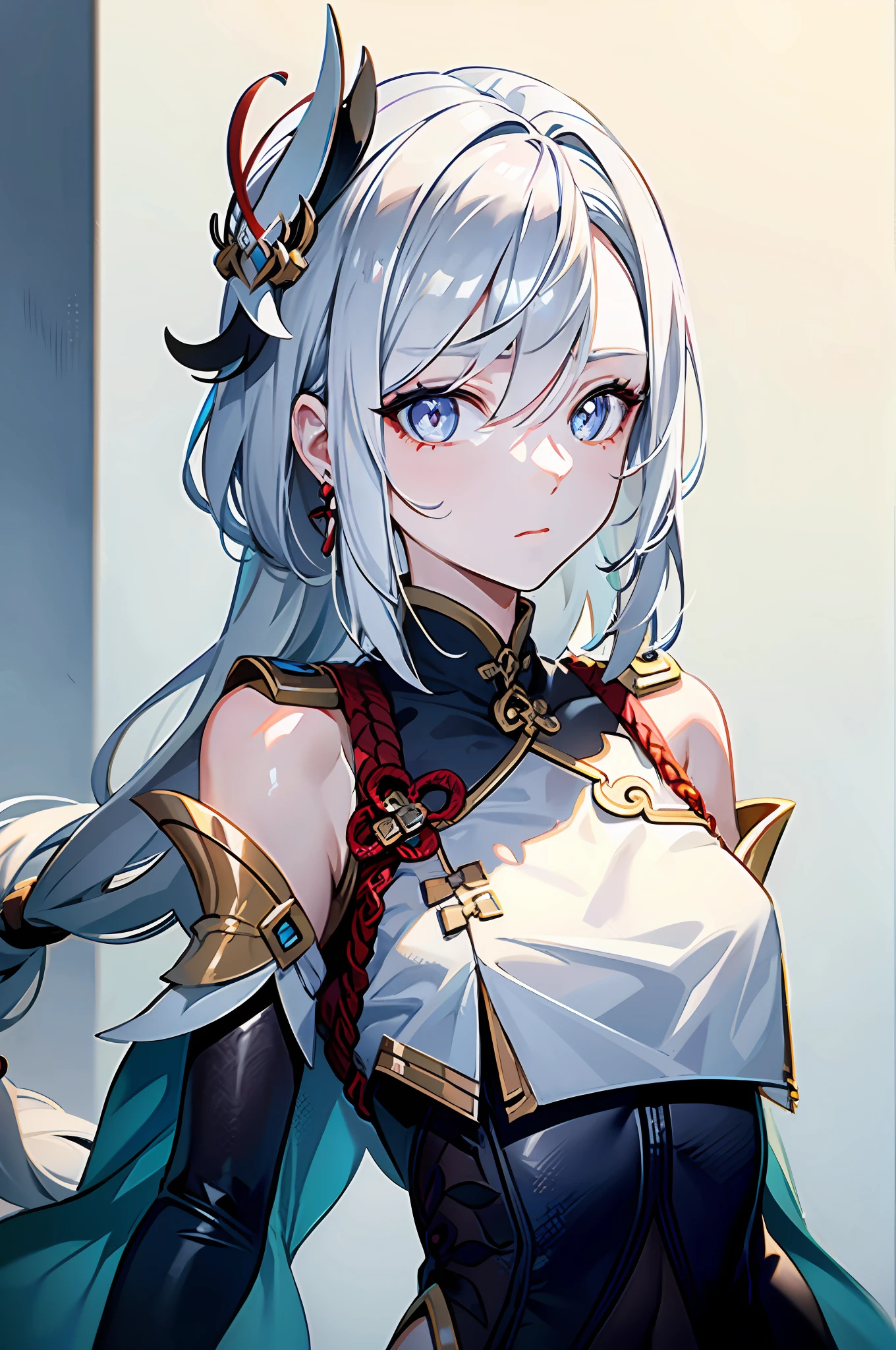 1girl, (solo:1.2), ((masterpiece)), [slim], (small breasts), pale skin, ((detailed eyes)), (background blur), shenhedef, long straight hair, white hair, closed mouth, expressionless, bare shoulders, silver eyes