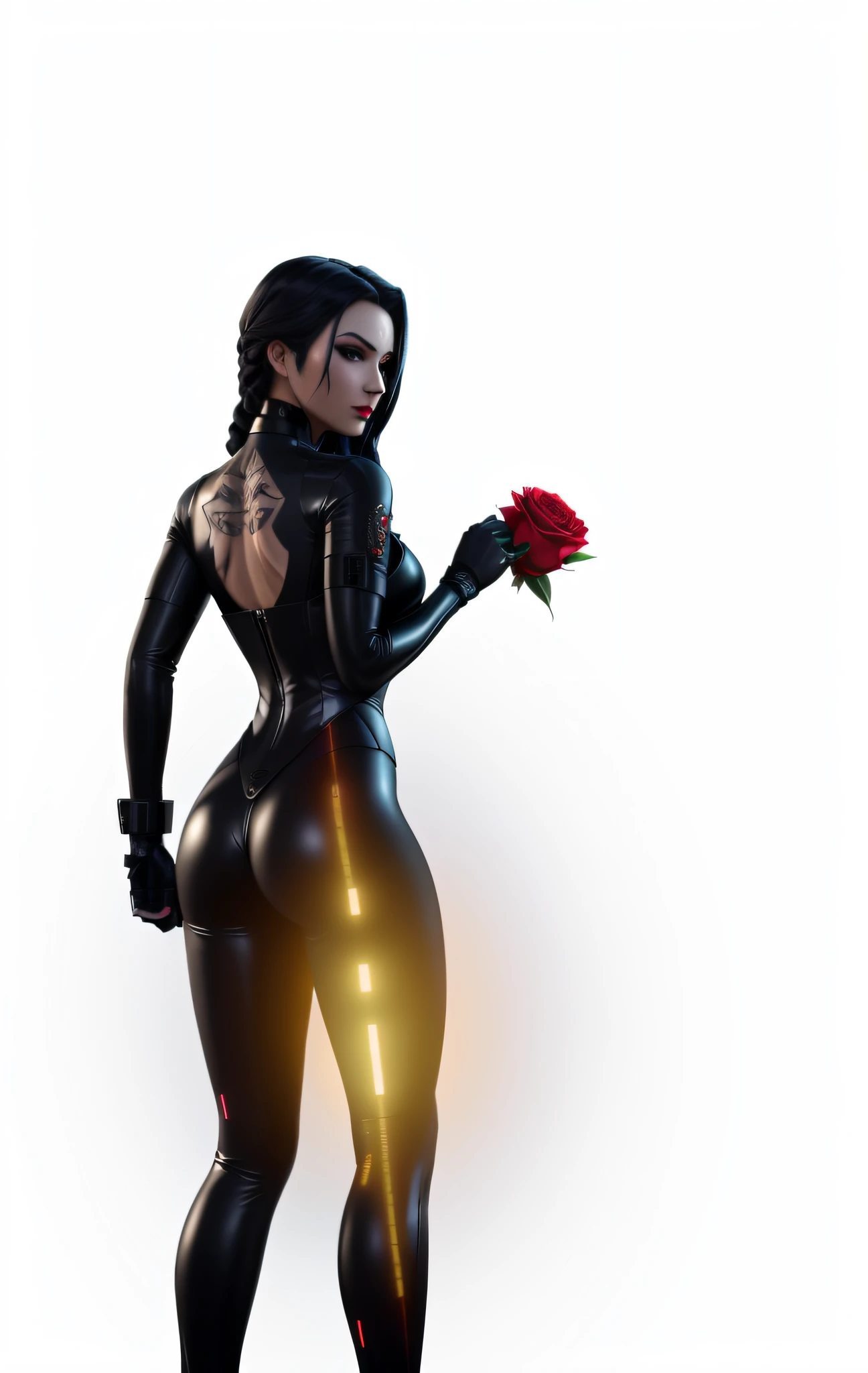 arafed woman in a black latex outfit holding a rose, cyberpunk cyborg. roses, 3d render of catwoman, seductive cyberpunk dark fantasy, beautiful alluring female cyborg, 3 d render character art 8 k, beautiful cyborg girl pinup, cyberpunk 2 0 y. o model girl, jet black haired cyberpunk girl, kind cyborg girl with flowers