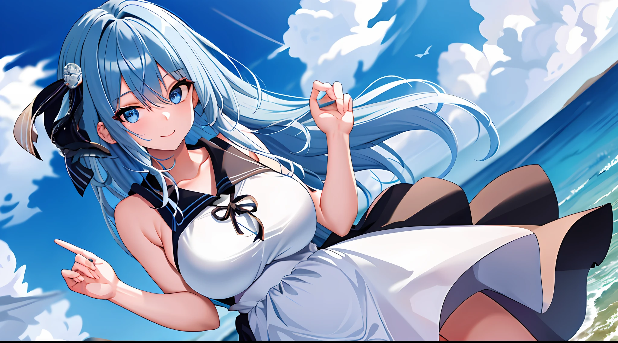Masterpiece, best quality, high resolution, kei1,1 girl, solo, blue eyes, long hair, black bandeau apron, ribbon, bangs, collarbone, blue hair, white skirt, black bow, neckband, hair between the eyes, big breasts, collar in a line, bare shoulders, seaside, smile,