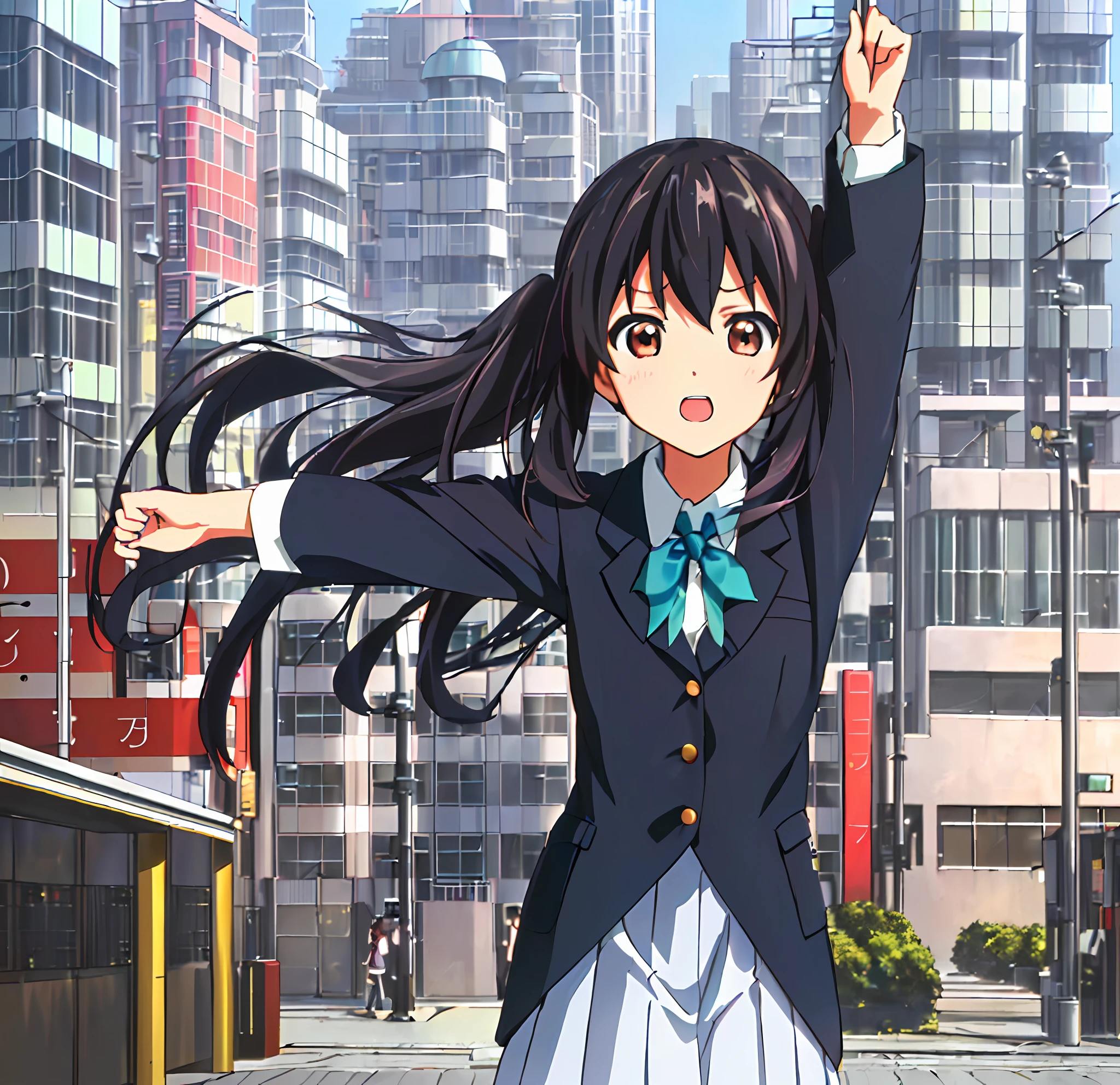 1girl, ((((Masterpiece))), Best Quality, Best Quality, High Detail, Azusa Nakano, 1girl, Sakuragaoka High School Uniform, Musical Instrument, School Uniform, Twin Tails, Long Hair, Black Hair, Brown Eyes, Solo, Red, Dark blue blazer with a thin ribbon of red, Solid white button shirt under blazer, Illustration, Cartoon, Soothing tones, Muted colors, Soft cinematic light, Adobe Lightroom, Photo Lab, HDR, complex and highly detailed, (((depth of field))))). (((Masterpiece))). (((highest quality))).) ((super detail))). (((Illustration))). (((Outside))). (((fighting stance))).,((((Giantization))).dynamic focus.small breasts. (((skyscrapers))). (((Cityscape))). (((Face of sadness))). Open mouth.Spread your arms.Clench your fists.