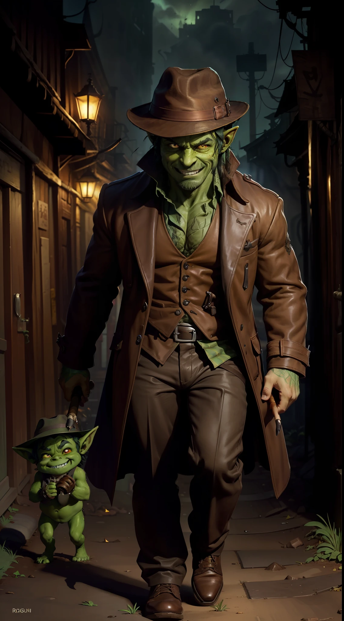 1 little goblin, (((soil))), (low studies, bulging yellow eyes, mischievous smile, green skin, thick sideburns, green skin: 1.20), (wears a fedora hat, wears a brown leather overcoat), full body, (cigar smoking: 1.40), (big, pointed nose: 1.30), rogue RPG, rogue goblin, is walking in a dirty, dark alley