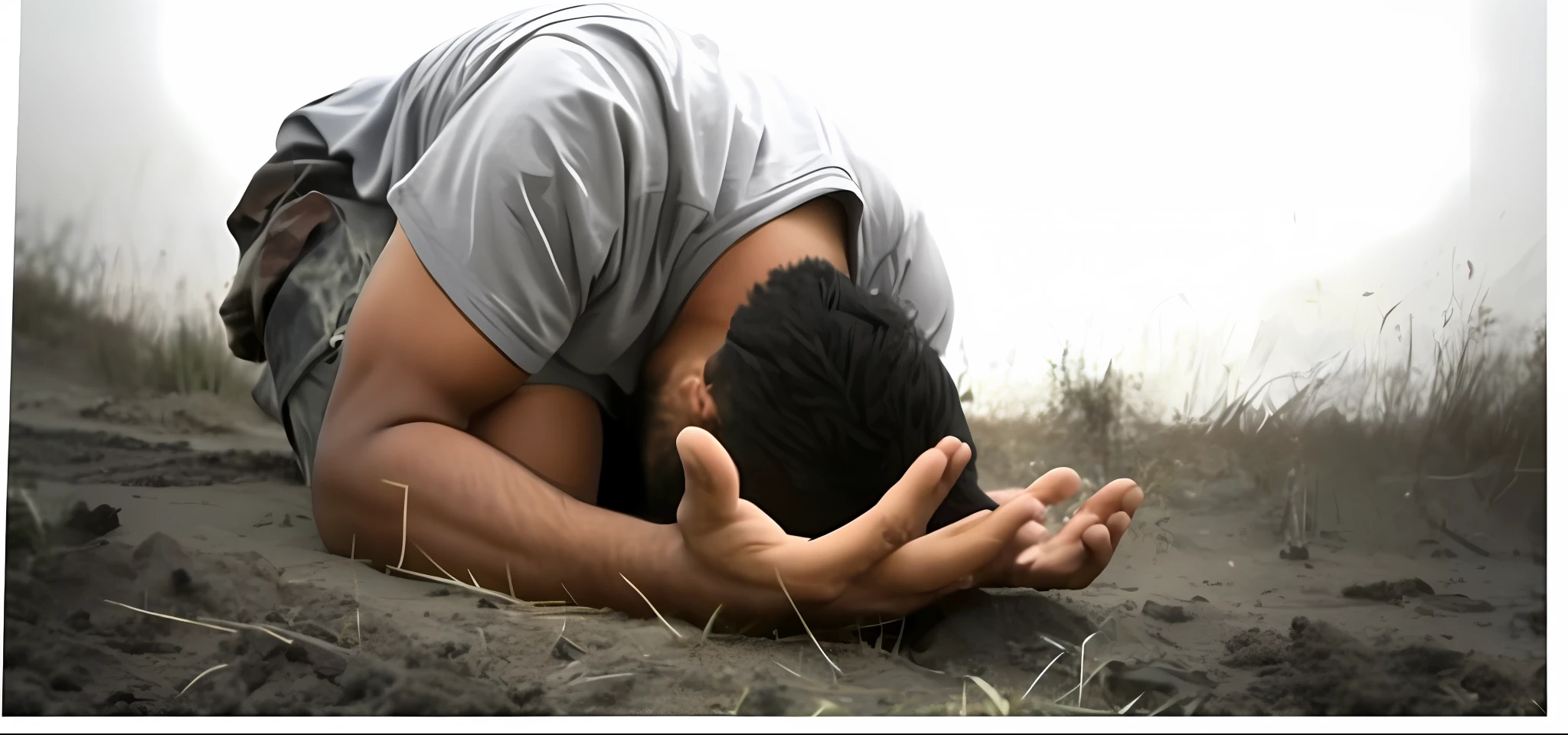 arafed man laying on the ground with his hands in the air, his hands buried in his face, emotional picture, kneeling in prayer, doing a prayer, holy man looking at ground, his body buried in the sand, lying on the ground, laying on the ground, praying, praying posture, praying meditating, face down, prayer, crawling on the ground