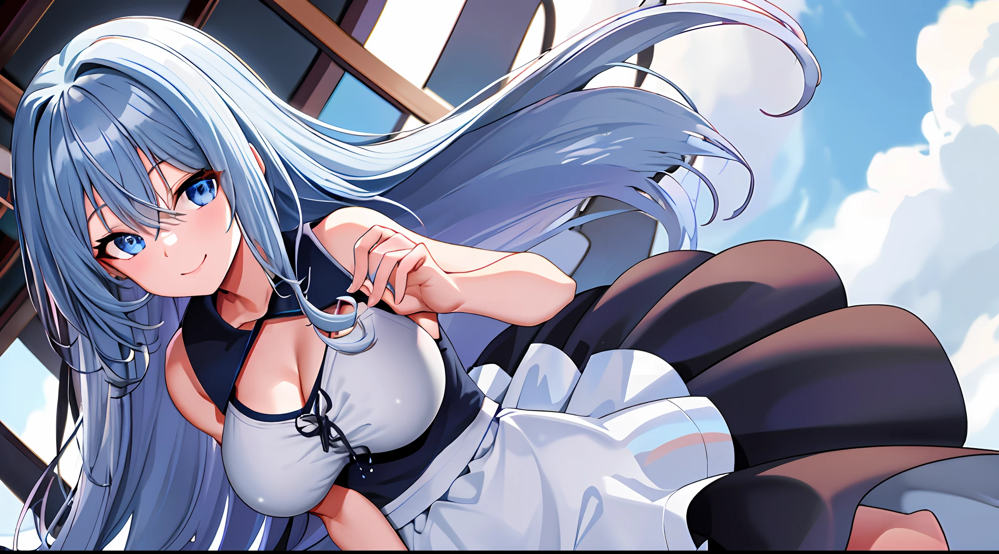 Masterpiece, best quality, high resolution, kei1,1 girl, solo, blue eyes, long hair, black bandeau apron, ribbon, bangs, collarbone, blue hair, white skirt, black bow, neckband, hair between the eyes, big breasts, collar in a line, bare shoulders, seaside, smile,