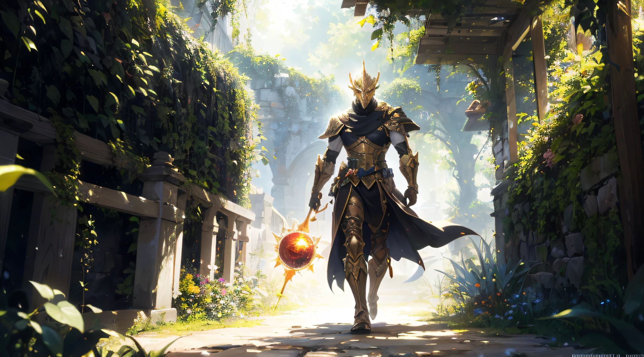 absurd, highres, ultra detailed, (1man:1.3), walking in a garden, fantasy, Sun Knight, solar magic, light manipulation, radiant power, sunbeam attacks, aura of heat