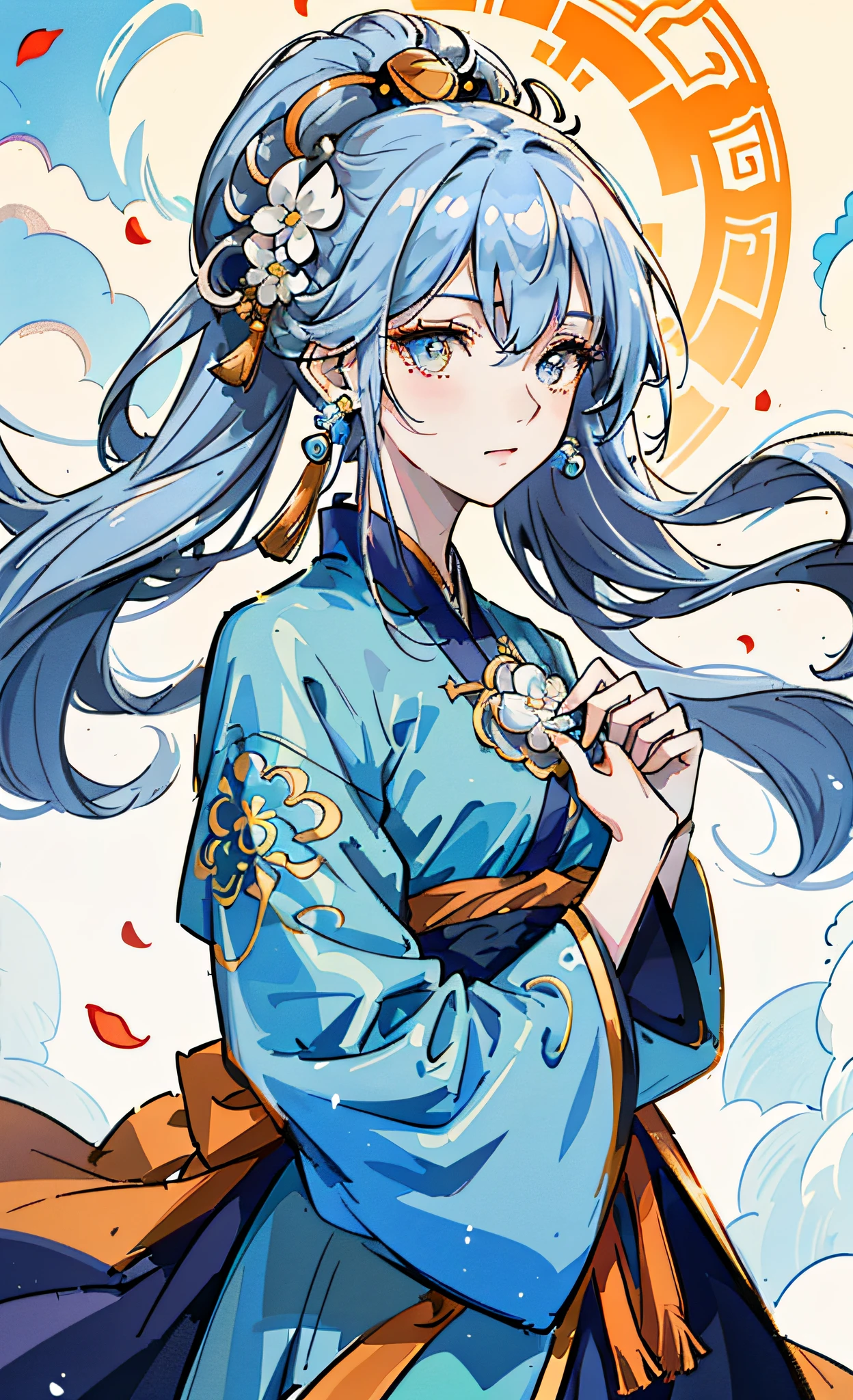 Mature girl , dark orange eyes, blue and white hair color, floating hair, delicate and smart eyes, intricate damask hanfu, gorgeous accessories, wearing pearl earrings, fov, f/1.8, masterpiece, ancient Chinese architecture, blue sky, flower petals flying, front portrait shot, Chang'e, side lighting, sunlight on people, 8K