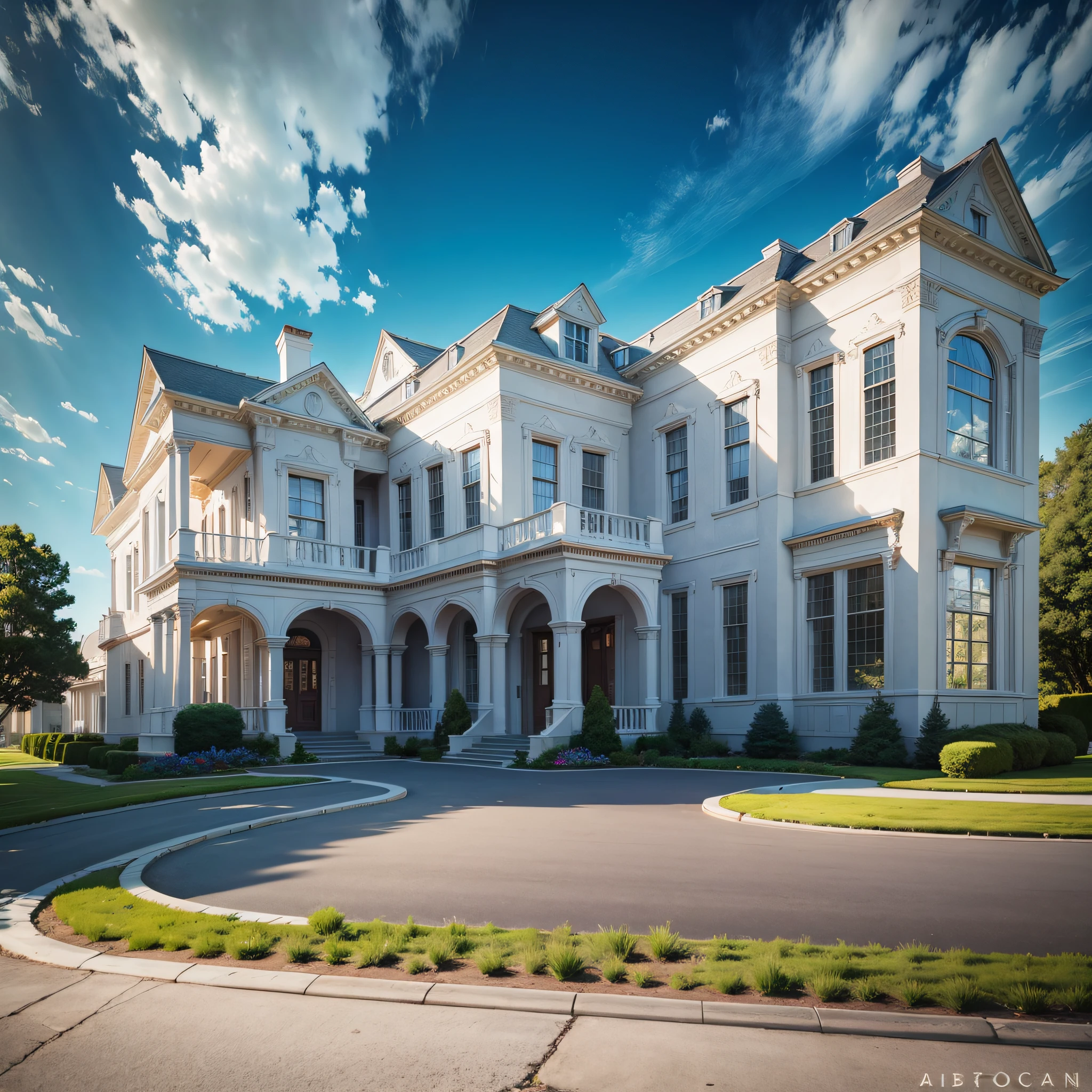 Modern American mansion, cars in front, blue sky, promotional photo, hdr, cinematic, adobe lightroom, highly detailed, award-winning photography, real photo, clear photo --auto --s2