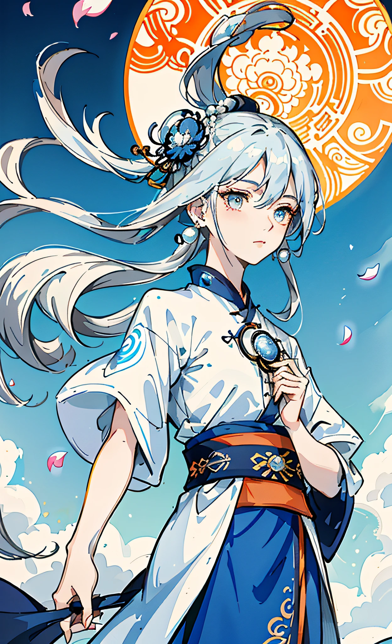 Mature girl , dark orange eyes, blue and white hair color, floating hair, delicate and smart eyes, intricate damask hanfu, gorgeous accessories, wearing pearl earrings, fov, f/1.8, masterpiece, ancient Chinese architecture, blue sky, flower petals flying, front portrait shot, Chang'e, side lighting, sunlight on people, 8K