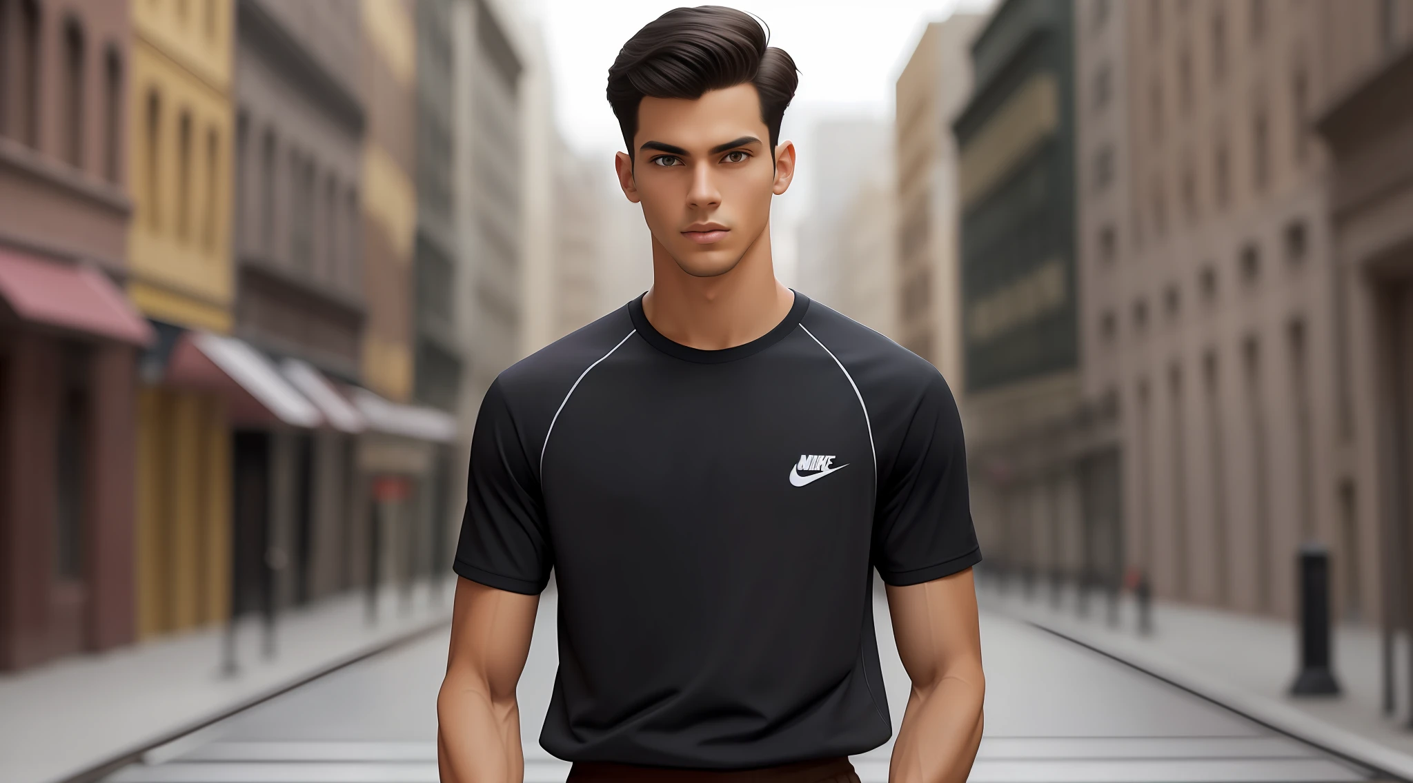 Pixarstyle a waist-high portrait of a young man of 22 years, ectomorph type body, wearing nike shirt, on Wall Street New York, serious, gradient black hair, natural skin texture,brown skin, textures 4k, hdr, intricate, highly detailed, sharp focus, cinematic visual, hyperdetailed, Disney Style, --auto --v6 --s2