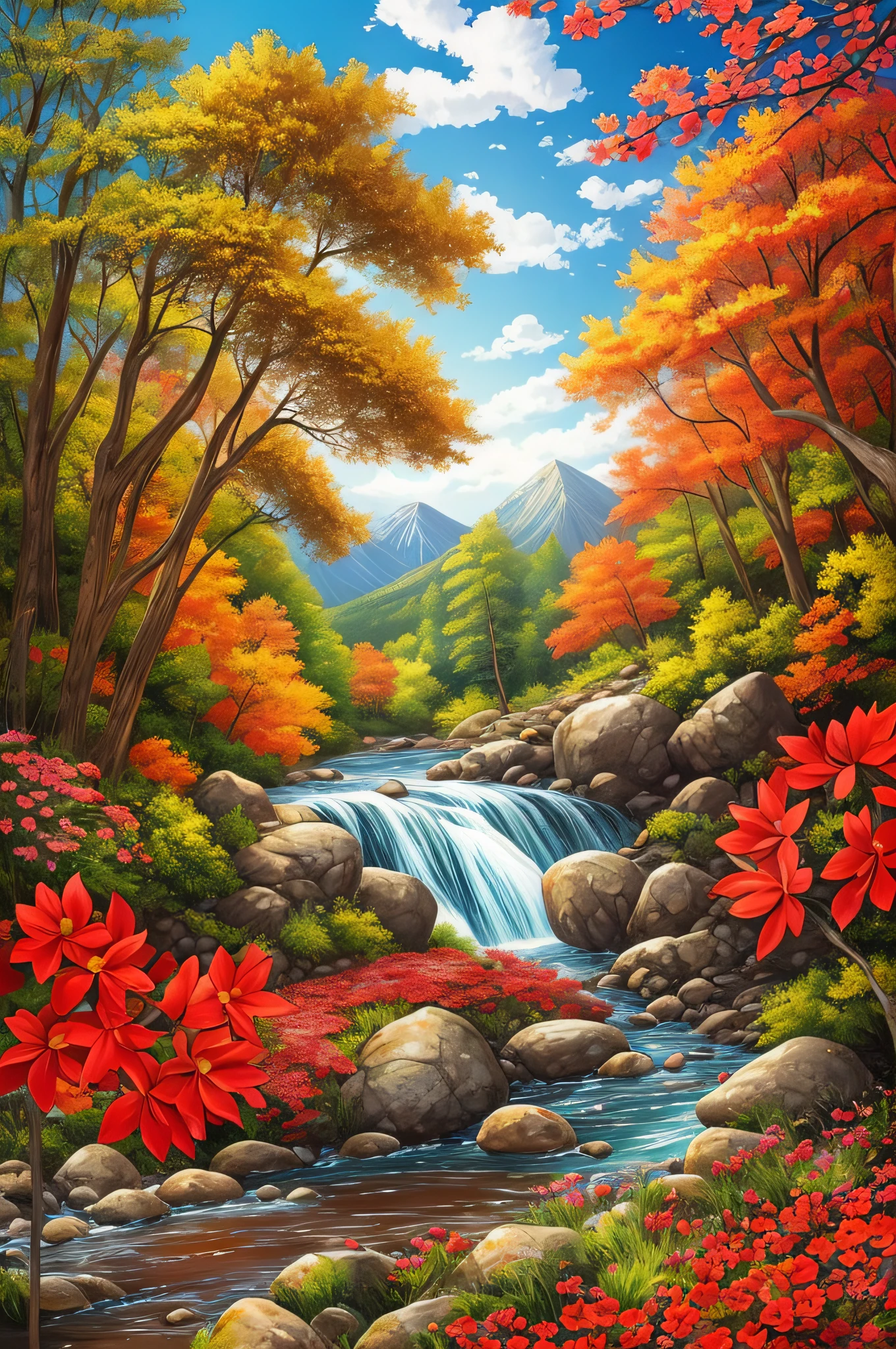 {{masterpiece}},best quality,illustration, beautiful landscape, trees, streams, stones, red flowers