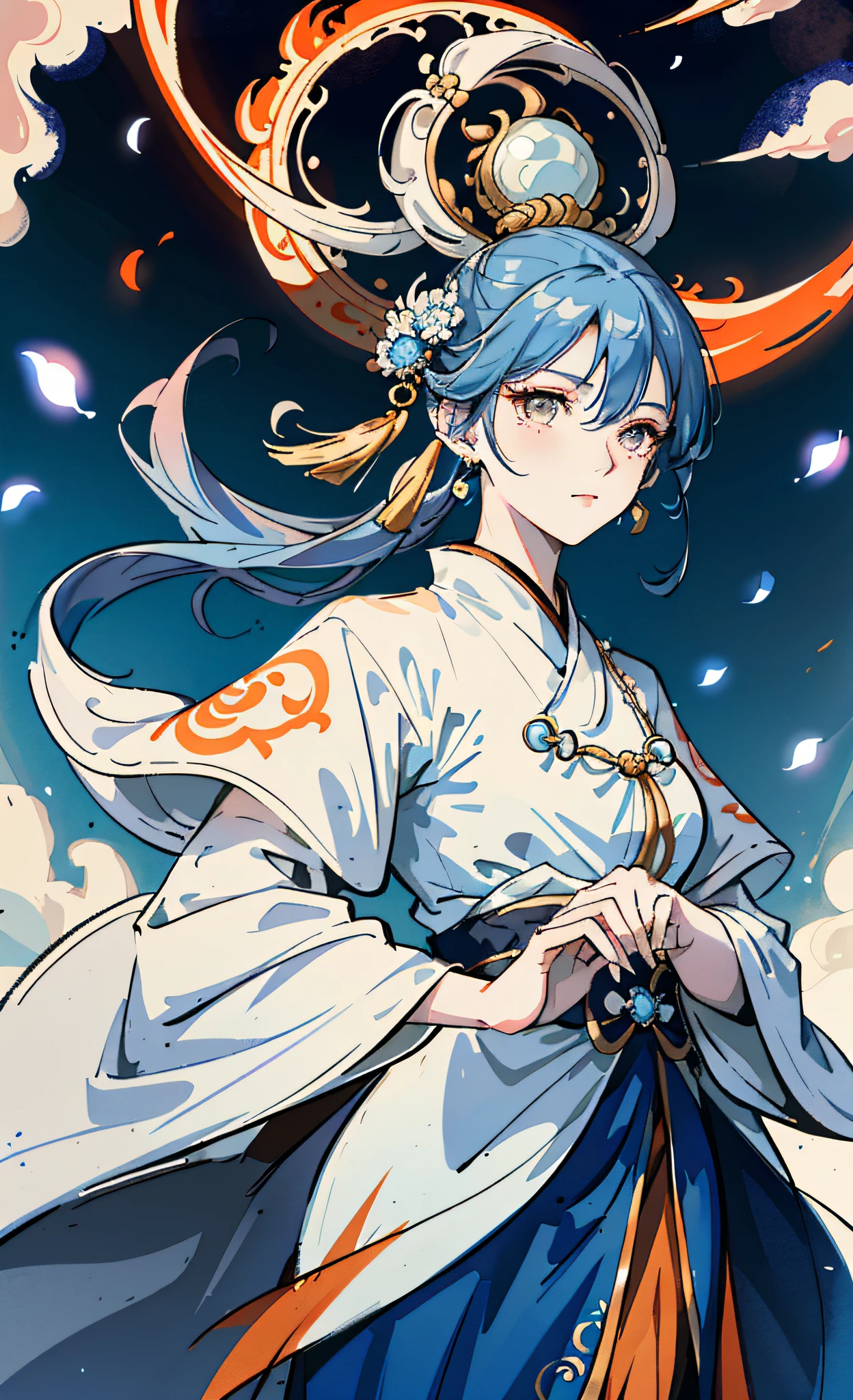 Mature girl , dark orange eyes, blue and white hair color, floating hair, delicate and smart eyes, intricate damask hanfu, gorgeous accessories, wearing pearl earrings, fov, f/1.8, masterpiece, ancient Chinese architecture, blue sky, flower petals flying, front portrait shot, Chang'e, side lighting, sunlight on people, 8K