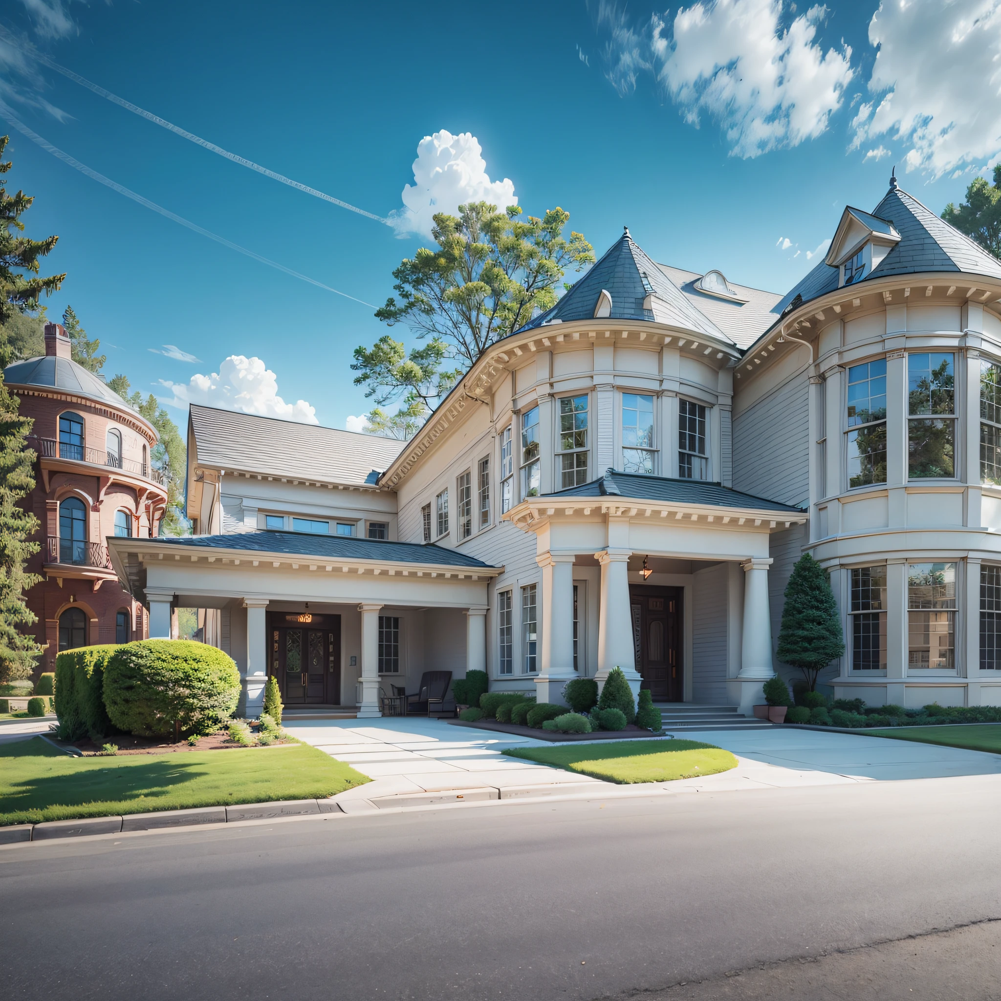 Modern American mansion, cars in front, blue sky, promotional photo, hdr, cinematic, adobe lightroom, highly detailed, award-winning photography, real photo, clear photo --auto --s2