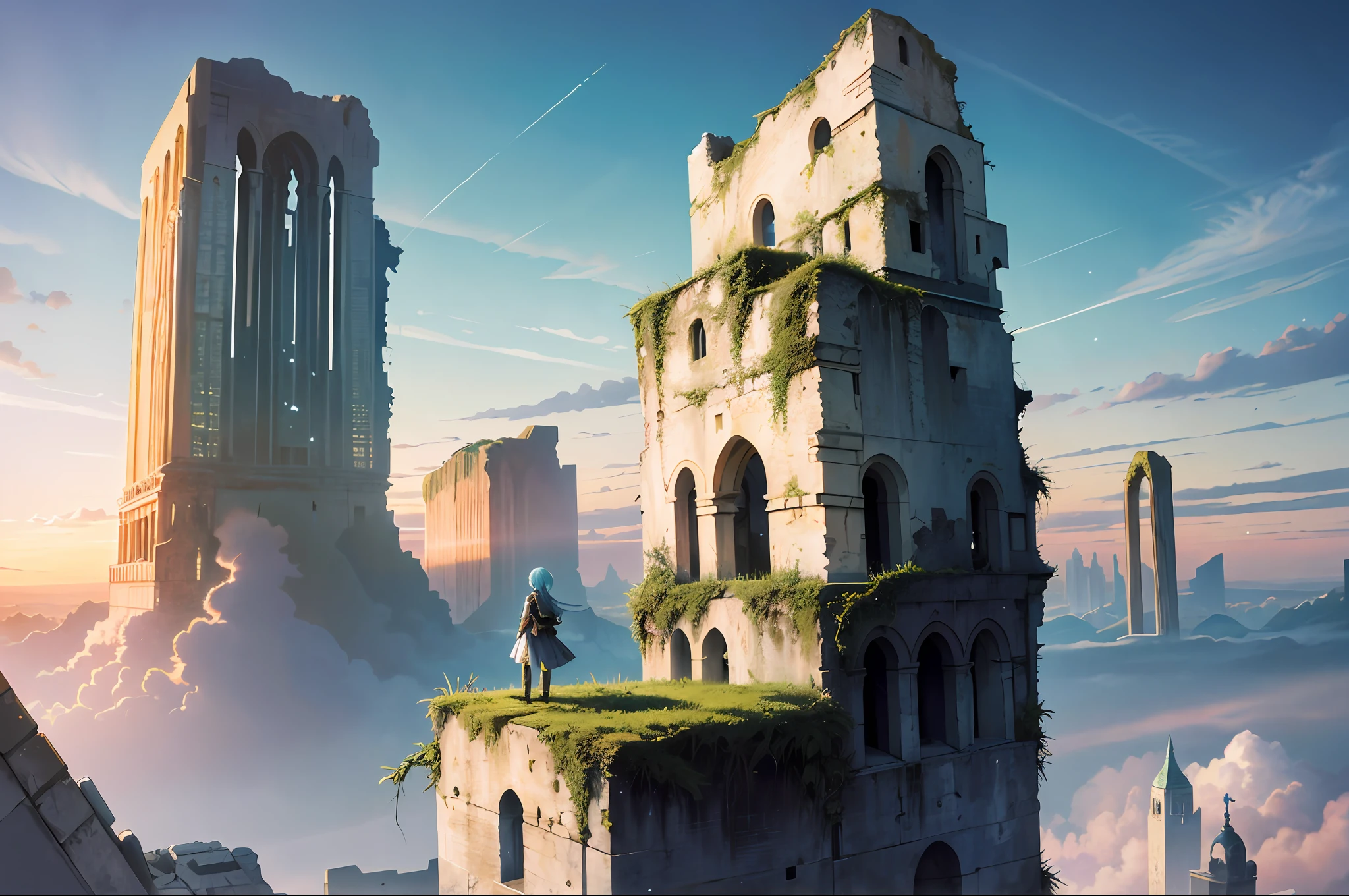 absurdity, high resolution, (official art, beautiful and aesthetic: 1.2), close view,
ruins, dystopia, whole body, sparkling sky, vast world, girl, gazing, awe-inspiring expression, distant horizon, clouds, high hills, natural beauty, inspiration, light effect,
