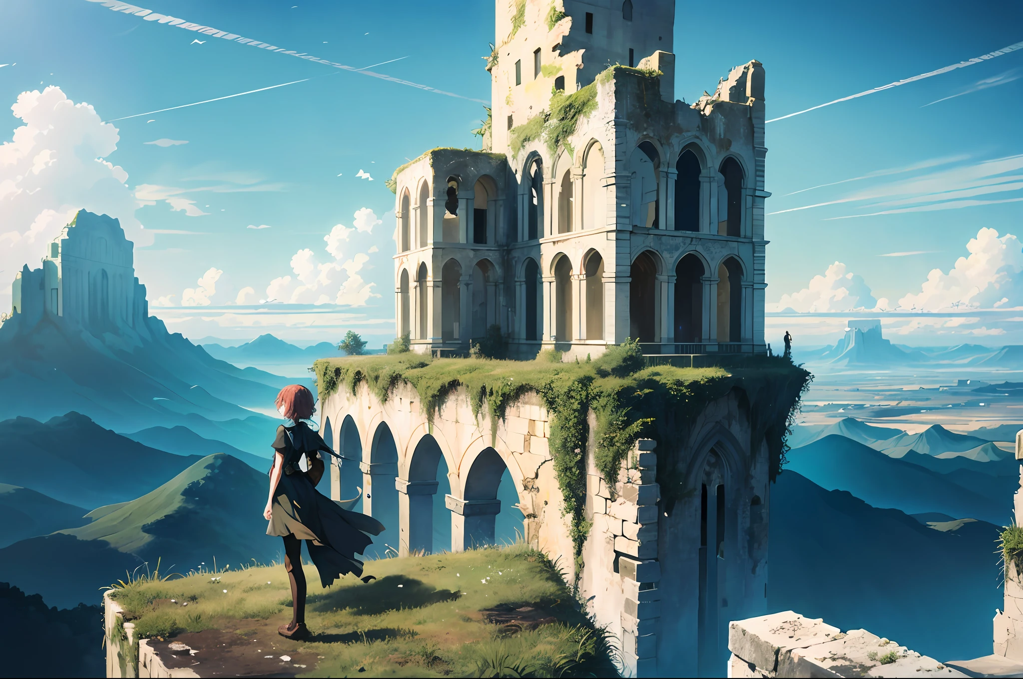 absurdity, high resolution, (official art, beautiful and aesthetic: 1.2), close view,
ruins, dystopia, whole body, sparkling sky, vast world, girl, gazing, awe-inspiring expression, distant horizon, clouds, high hills, natural beauty, inspiration, light effect,