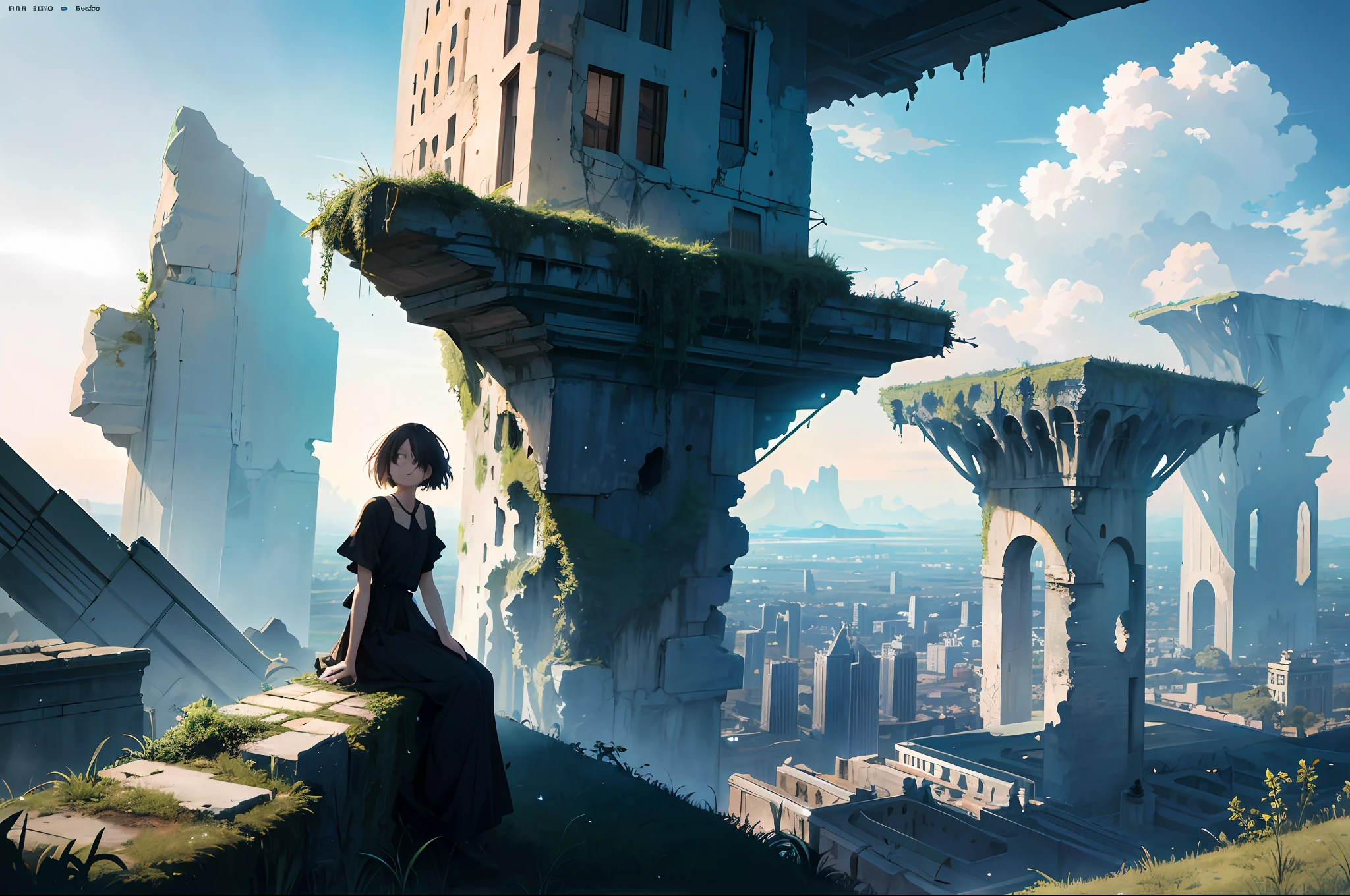 absurdity, high resolution, (official art, beautiful and aesthetic: 1.2), close view,
ruins, dystopia, whole body, sparkling sky, vast world, girl, gazing, awe-inspiring expression, distant horizon, clouds, high hills, natural beauty, inspiration, light effect,