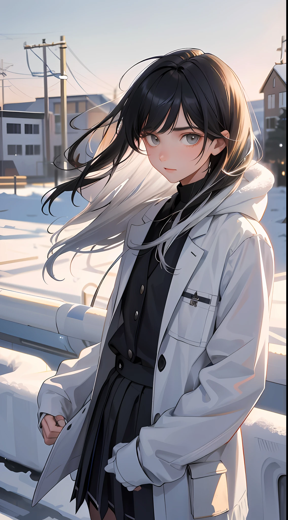 A 20-year-old man, a 20-year-old woman, a man with short black messy hair, a woman with long silver hair, in winter, white school uniform, standing on the edge of the school playground, upper body display,