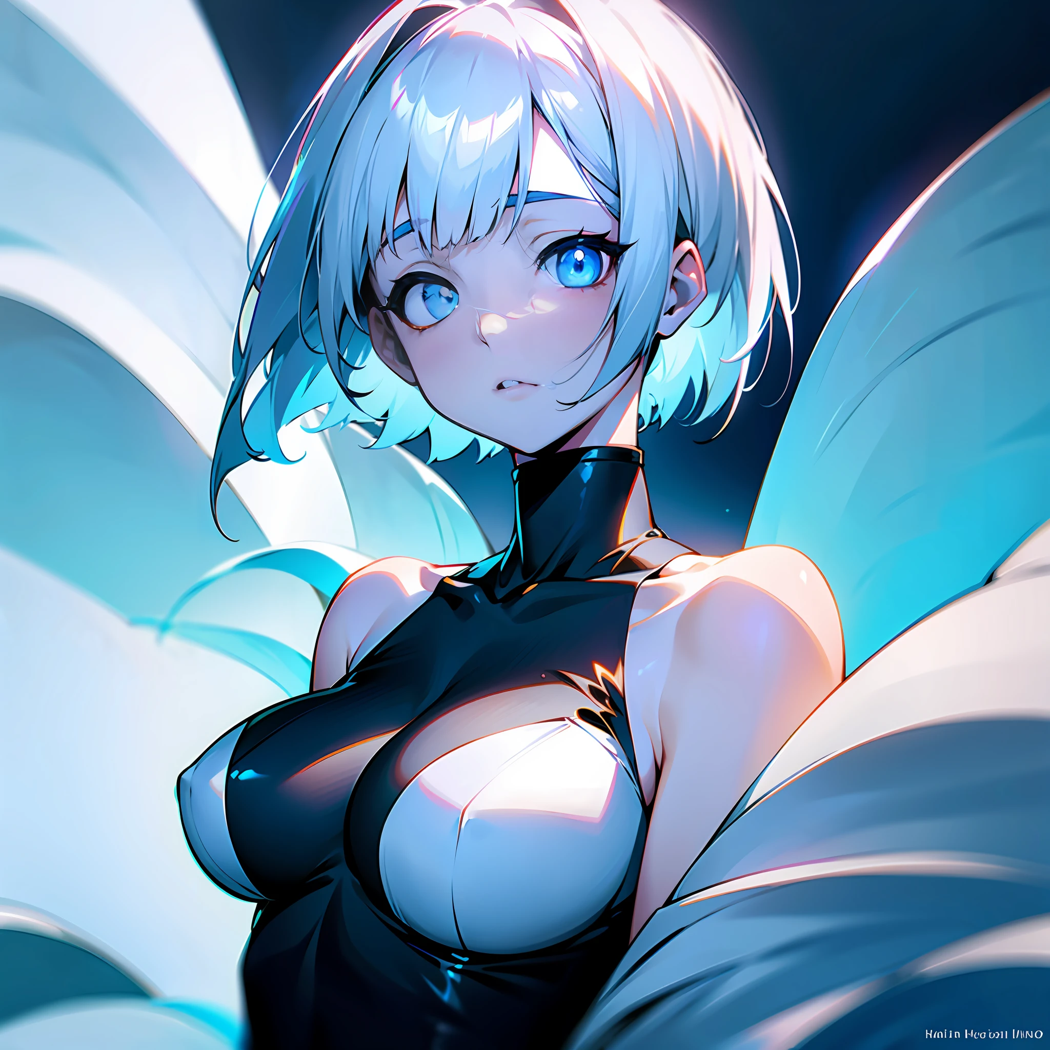 white skin, ultra beautiful face, breasts, breasts covering, hentai, ambient light, hentai pessonage, anime, short haired girl, silver white, blue eyes, gorgeous eyes, shy. , Maximum quality.