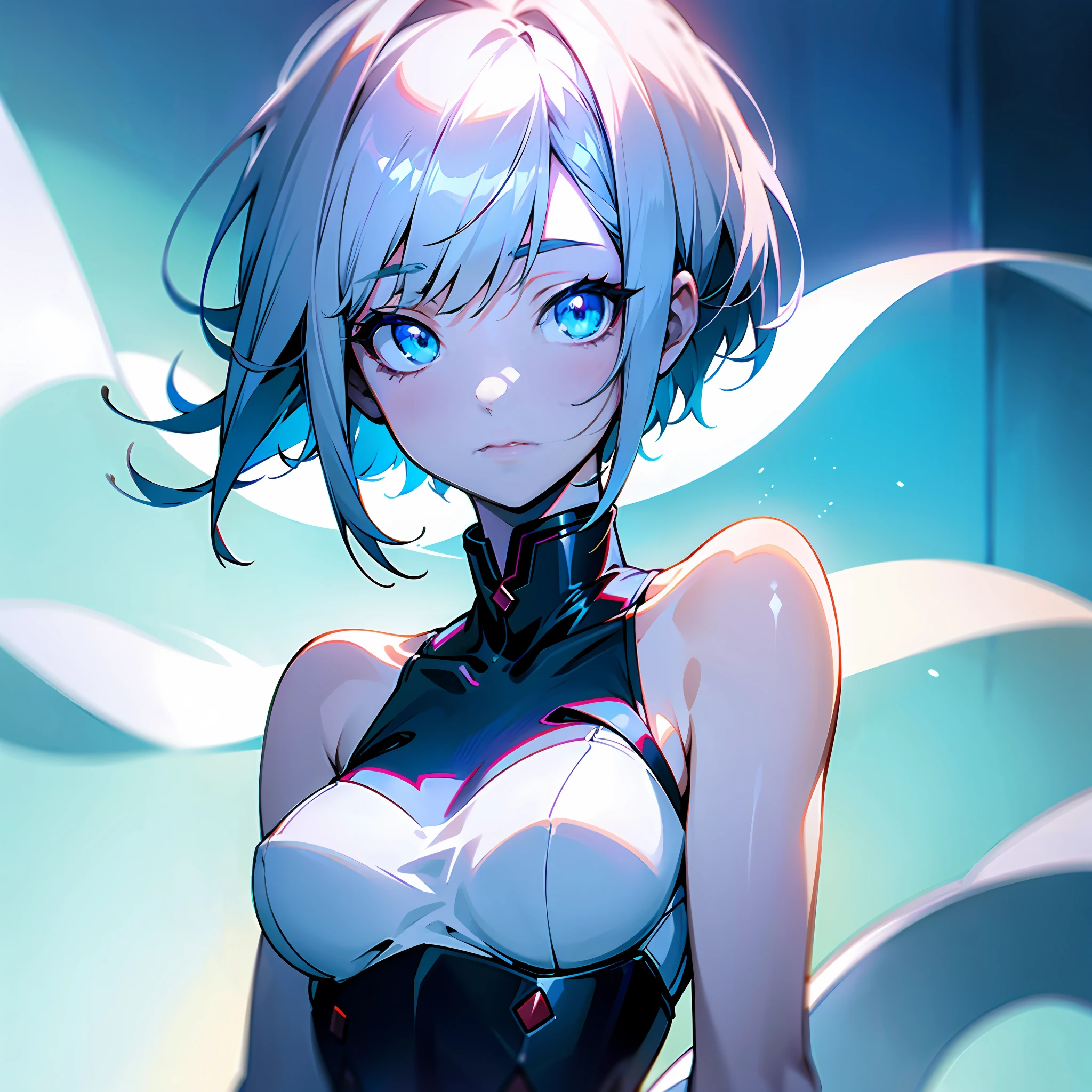 white skin, ultra beautiful face, breasts, breasts covering, hentai, ambient light, hentai pessonage, anime, short haired girl, silver white, blue eyes, gorgeous eyes, shy. , Maximum quality.