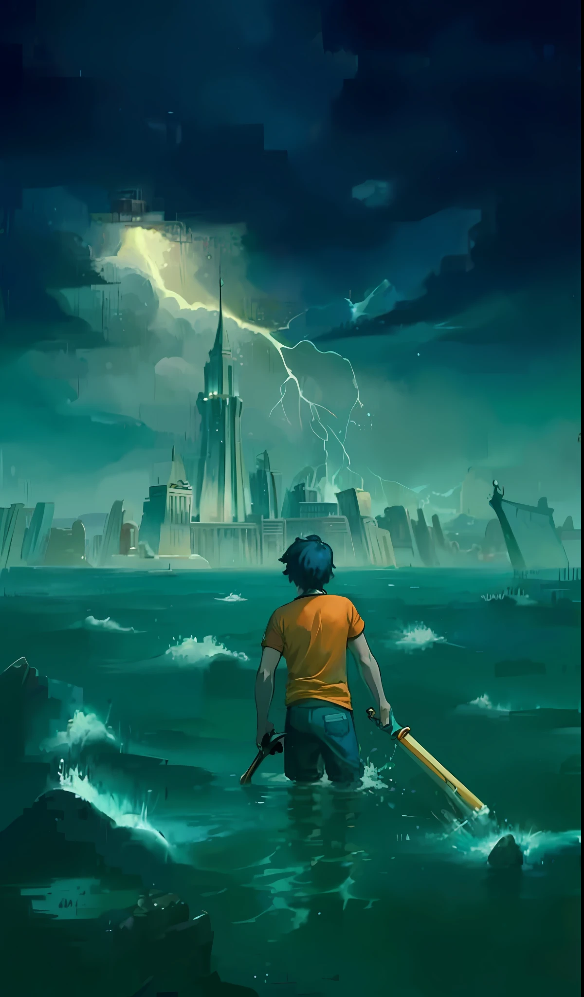 a painting of a boy in a red shirt is standing in the water, percy jackson, the sea and storms behind him, the city of atlantis, city of atlantis, stylized urban fantasy artwork, by Steven James Petruccio, by Nicholas Marsicano, graphic novel cover art, inspired by Walter Percy Day, rob mcnaughton, stormlight archive