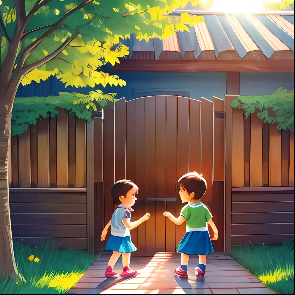 Children playing outdoors, feeling the warmth of the sun on their faces, children's book illustration --auto --s2