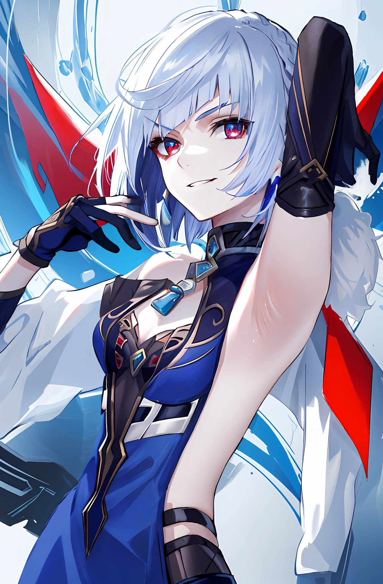 1girl, (solo:1.2), ((masterpiece)), [slim], (small breasts), pale skin, ((detailed eyes)), (background blur), yelandef, blue attire, short hair, gradient hair, glove, red eyes, black and white hair, evil, malicious, smirk, villainous