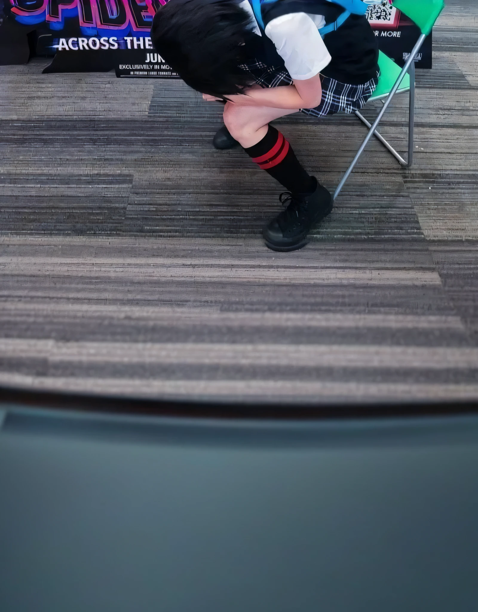 there is a man in a kilt sitting in a chair, the anime girl is crouching, hugging his knees, hugging her knees, sitting on bent knees, as an anime character, knees tucked in, akane owari danganronpa, holding a pudica pose, anime cosplay, wearing kneesocks, close-up on legs, hot topic anime convention
