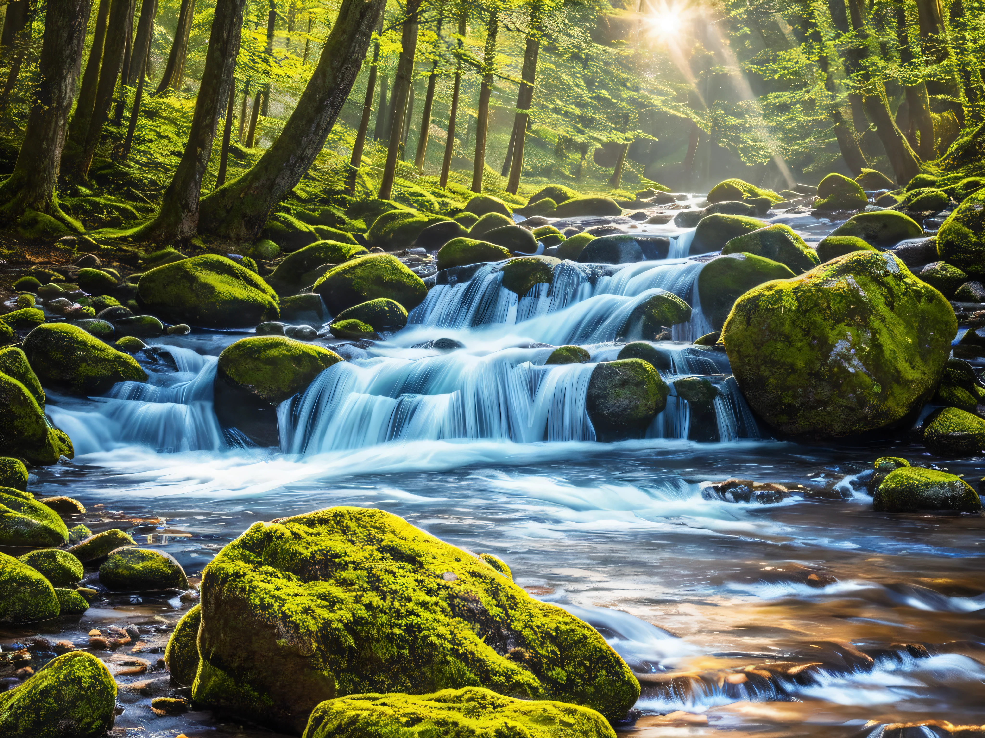 {{masterpiece}},best quality,illustration, stream of clear waters running between the stones illuminated by sunlight, extremely detailed water, high resolution, realistic details