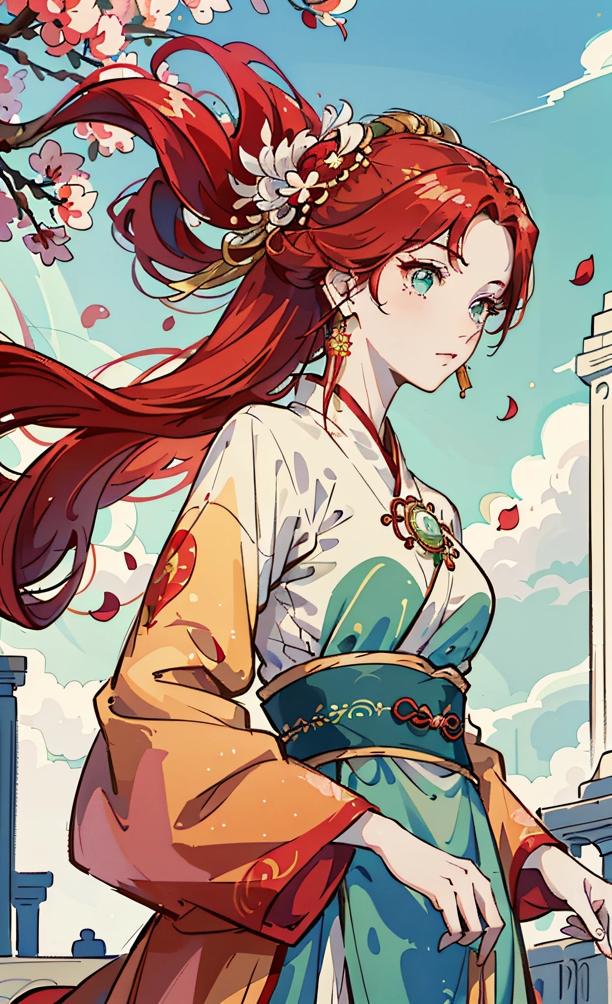 Mature girl, green eyes, red hair color, floating hair, delicate and intelligent eyes, intricate apricot hanfu, gorgeous accessories, wearing pearl earrings, fov, f/1.8, masterpiece, roman architecture, blue sky, flower petals flying, front portrait photo, Chang'e, side lighting, sunlight on people, 8K