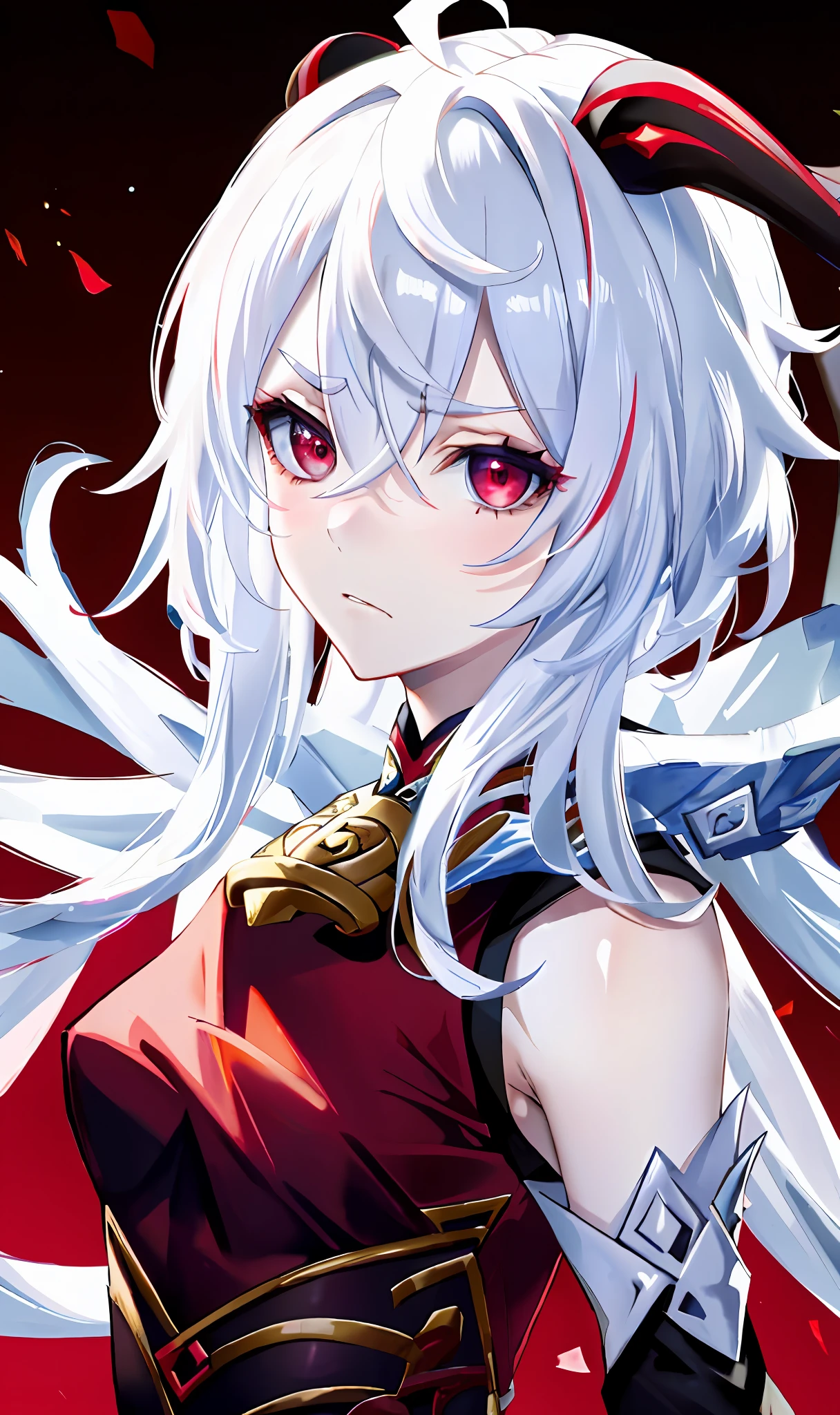 "1girl, (solo:1.2), ((masterpiece)), [slim], (small breasts), pale skin, ((detailed eyes)), (background blur), ganyudef white hair, frown, unhappy, red eyes, villainous, dark theme, [eyeliner], evil".