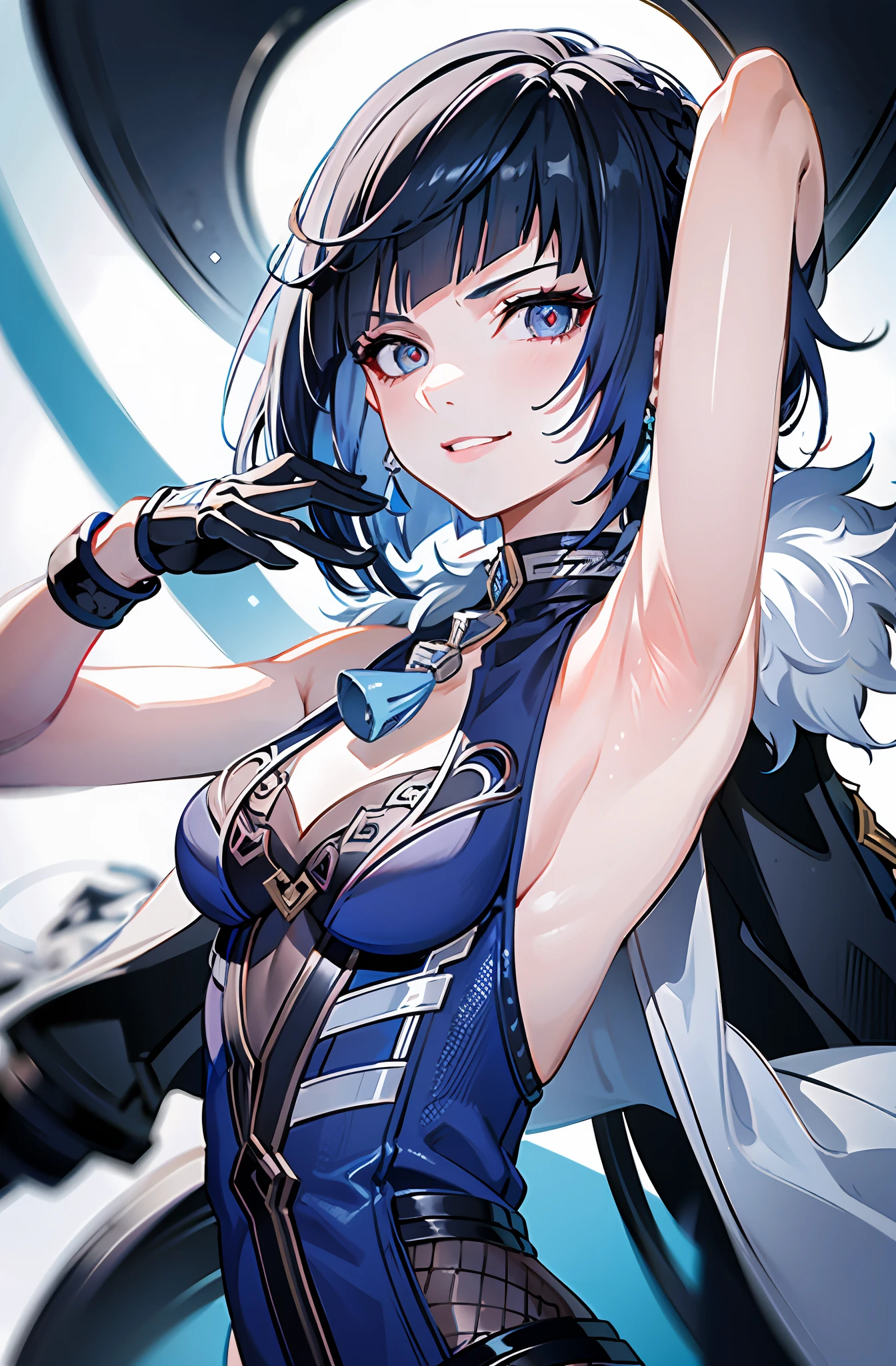 1girl, (solo:1.2), ((masterpiece)), [slim], (small breasts), pale skin, ((detailed eyes)), (background blur), yelandef, blue attire, short hair, gradient hair, glove, red eyes, black and (white hair), evil, malicious, smirk, villainous