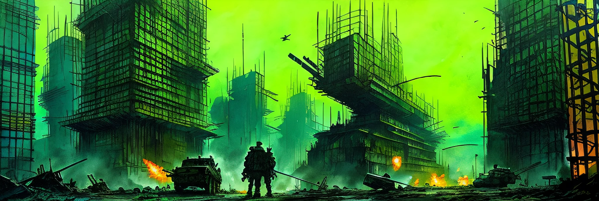 men building construction, science fiction, complex scene futuristic, post-apocalyptic
dark, dim light, dark-scene, green-scale
( ink sketch by Enki Bilal)((masterpiece, best quality, )),