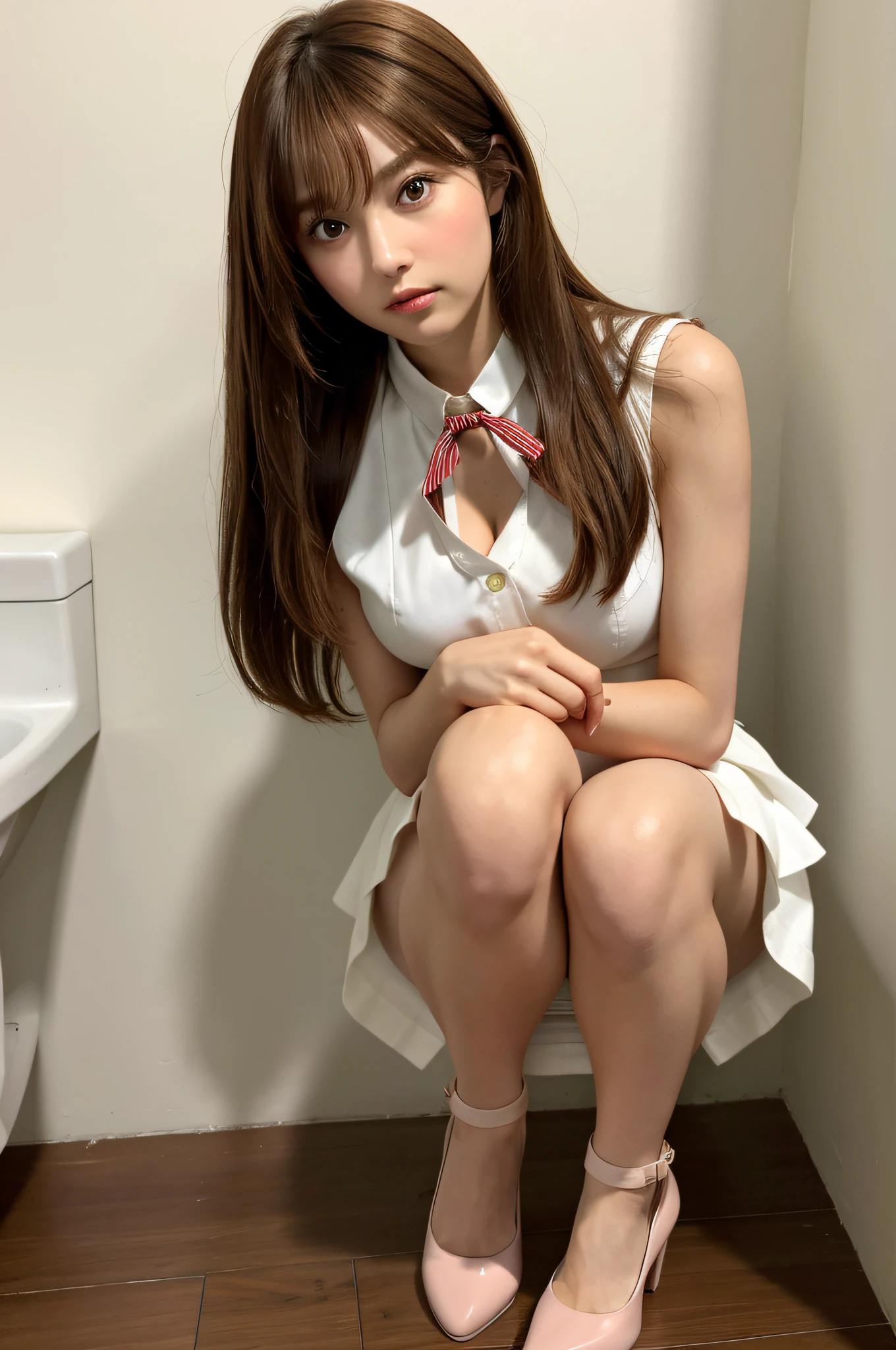 masterpiece, best quality, 1girl, young, brown eyes, long light brown hair, (nice leg line: 1.3), thin waist, medium breasts, menstruating, menstrual blood running down the buttocks, using sanitary napkin, transparent panties, white pleated skirt dress, tie, high heels, bathroom, depth of field, looking at the viewer, squat, back, full body, legsupsexm